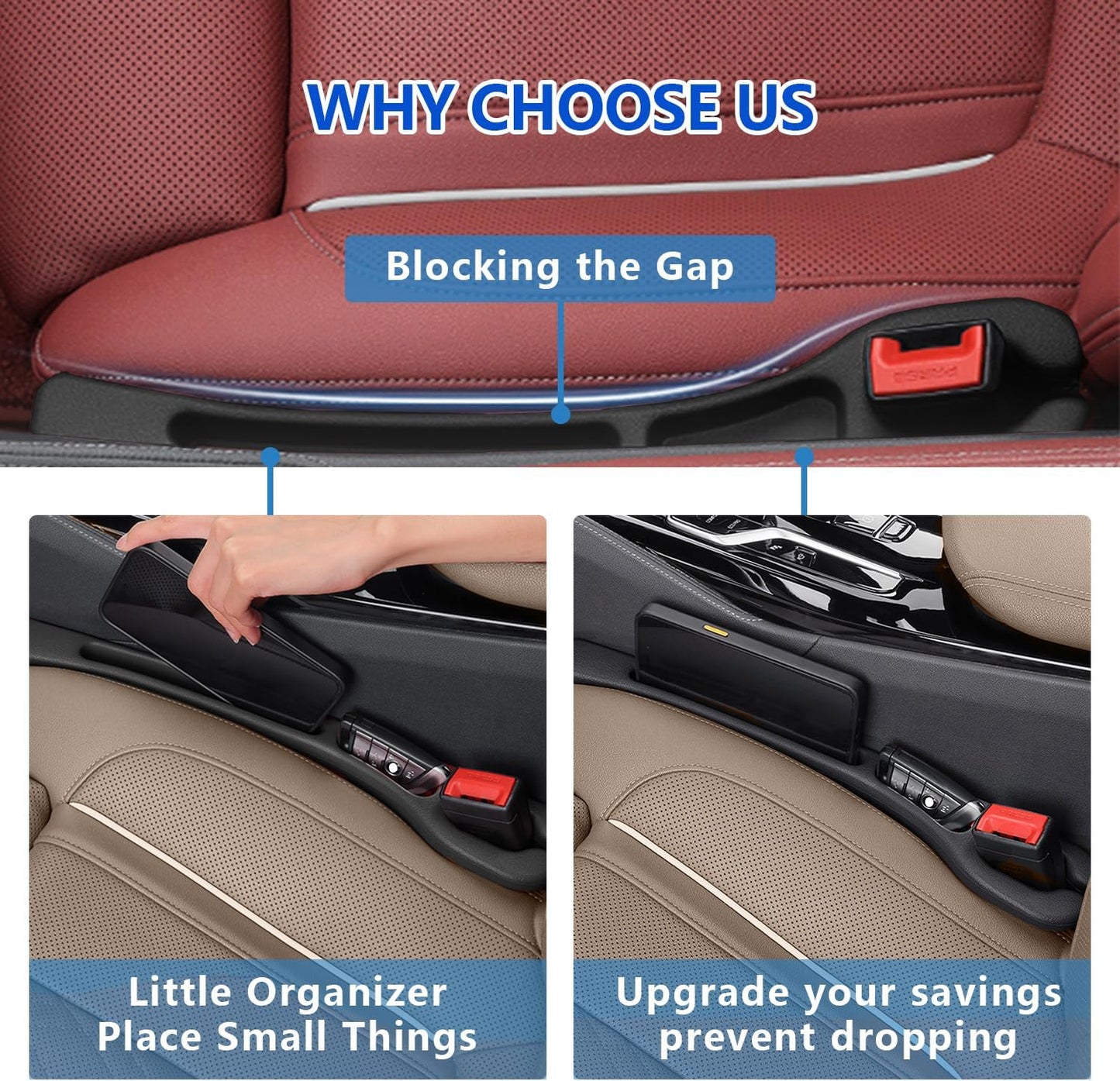 Car Seat Gap Filler Organizer 2Pcs,Car Accessories with Safety Hammer,2 in 1 No Drop Seat Guard with Storage Slot for Phone,Keys,Universal Interior Gap Filler for Cars SUV Truck,Black