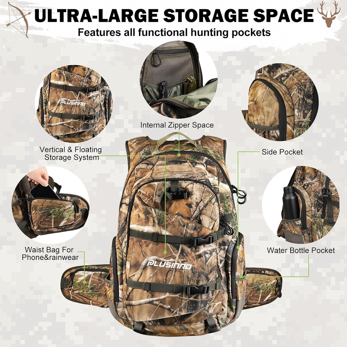 PLUSINNO Hunting Backpack for Hunting Essentials, 45L Waterproof Hunting Gear with Rain Cover, & Padded Scabbard Carry System For Deer Hunt Accessories, Hunt Gift For Men