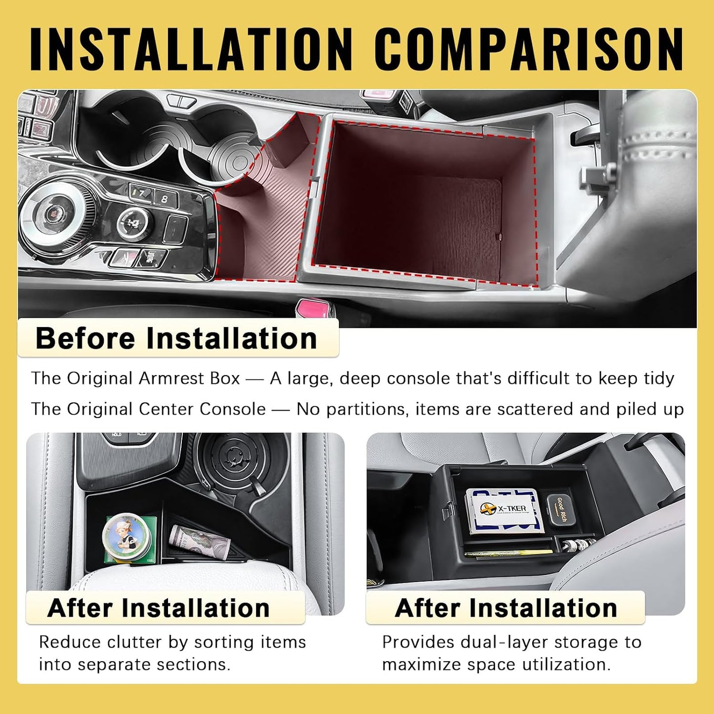 2PCS Center Console Organizer & Armrest Storage Box Compatible with 2023-2025 2026 Kia Sportage Hybrid/Plug-in Hybrid Accessories (with Rotary Type Transmission ONLY), ABS Middle Console Insert Tray