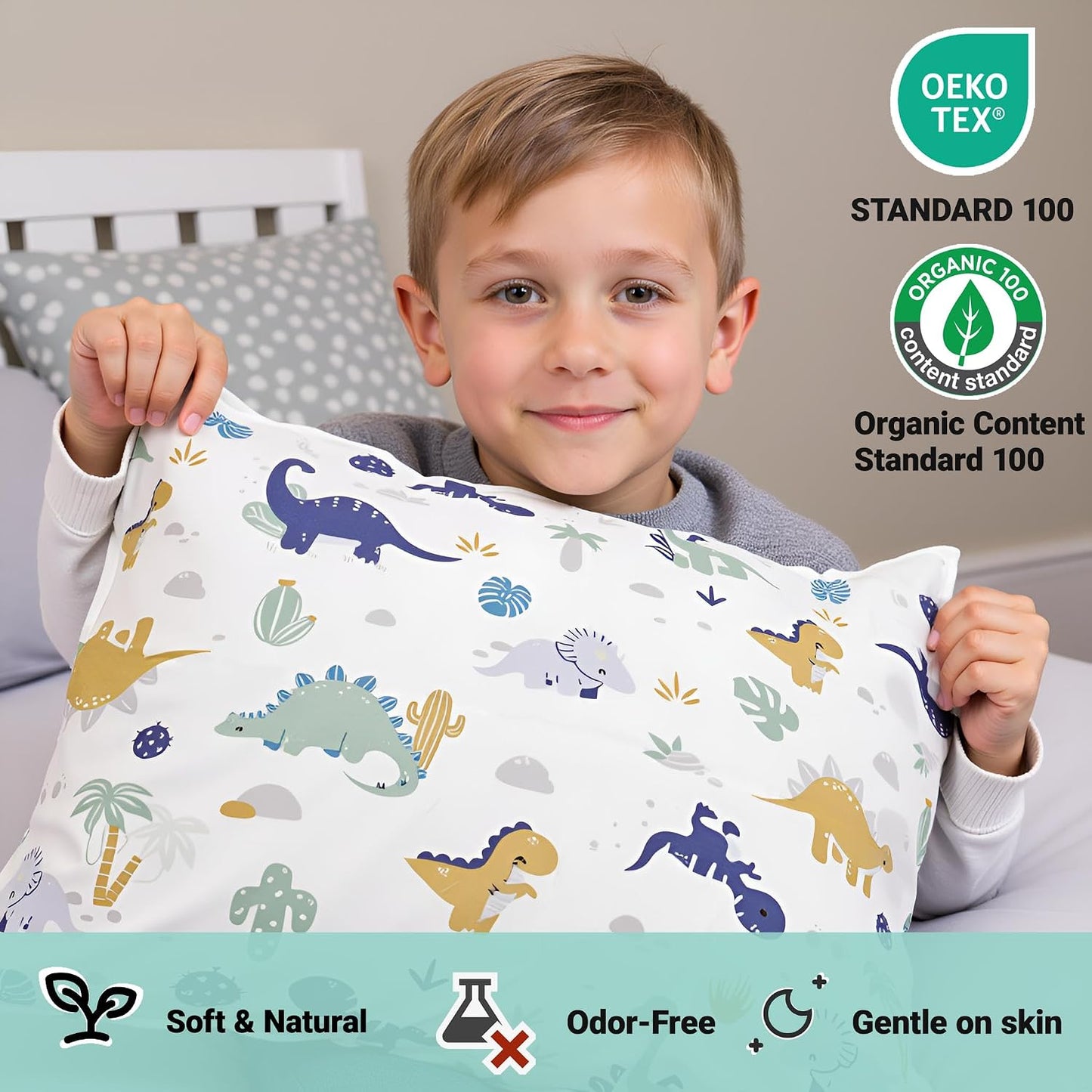 ZPECC Toddler Pillow with Pillowcase 2 Pack - 13x18 Organic Cotton Small Kids Pillow, Soft Breathable Bed Pillows for Sleeping Travel School Nap (Intended for Age 2 and up) Dinosaur