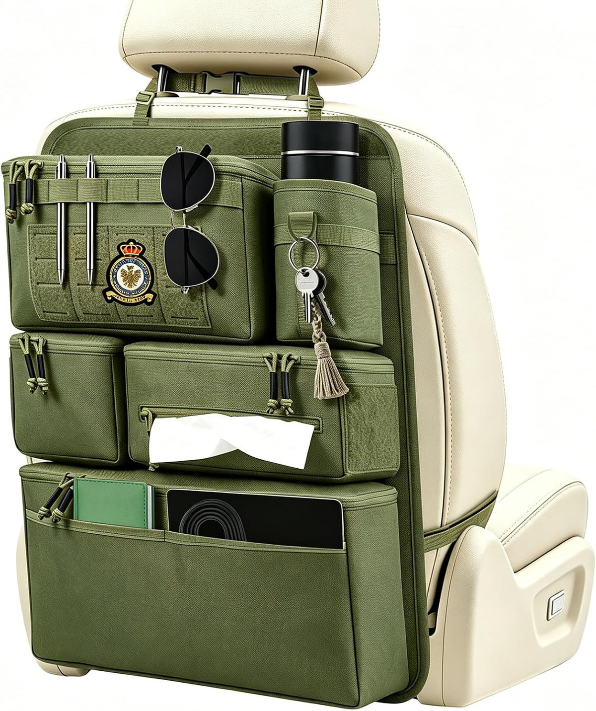 Car Seat Back Organizer with 7 Storage Pockets, Army green