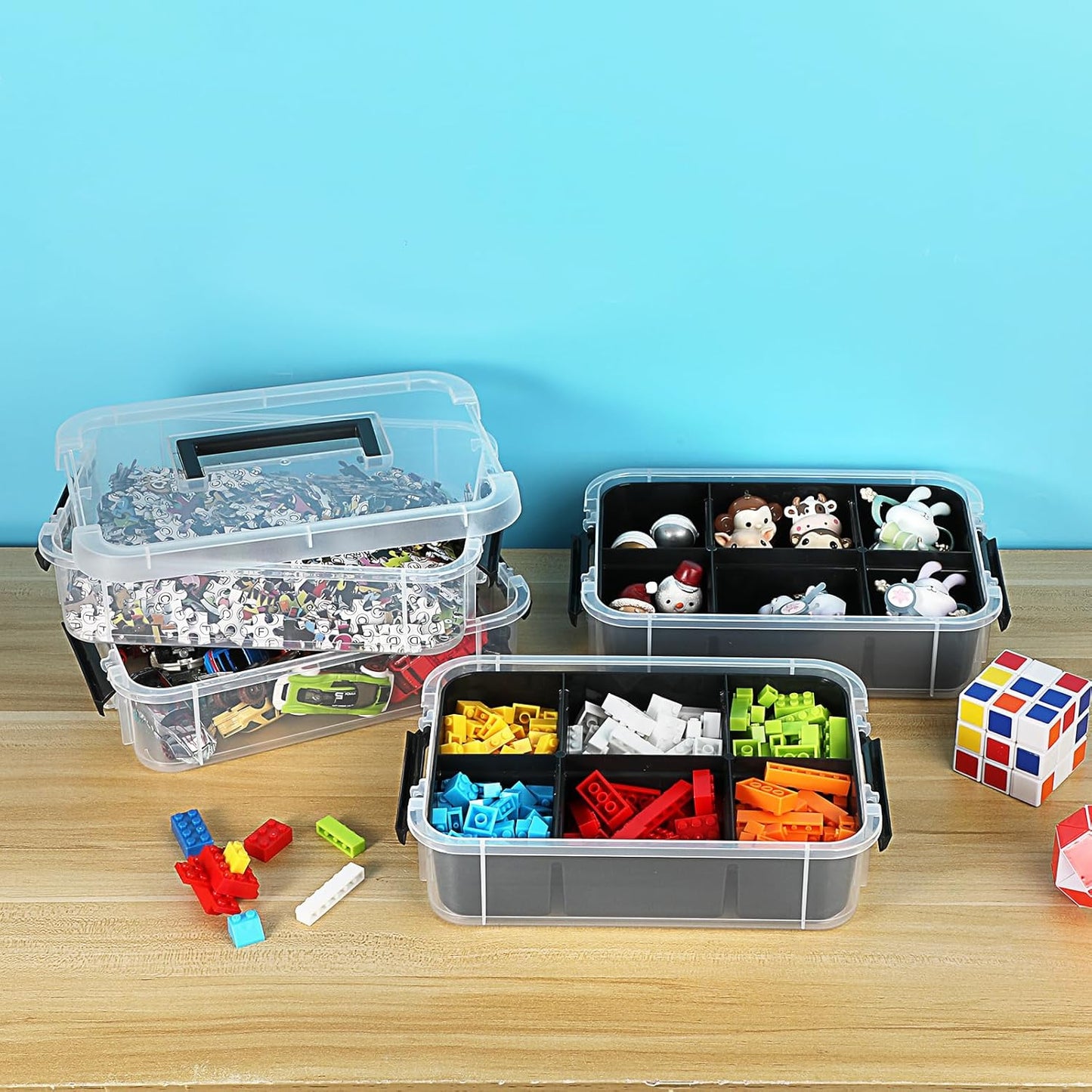 JUXYES 4-Tiers Plastic Stack Carry Storage Containers Box wih Handle Lids | Clear Stackable Latching Storage Bin With 2 Tray for School Office, Organizing Sewing, Art Craft, DIY Supplies, Black