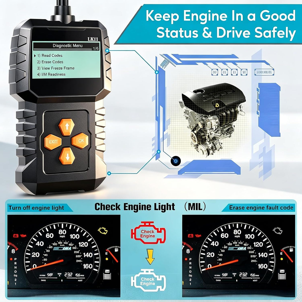 OBD2 Scanner Ease Setup Plug-Play: Clear Reset Engine Error Code