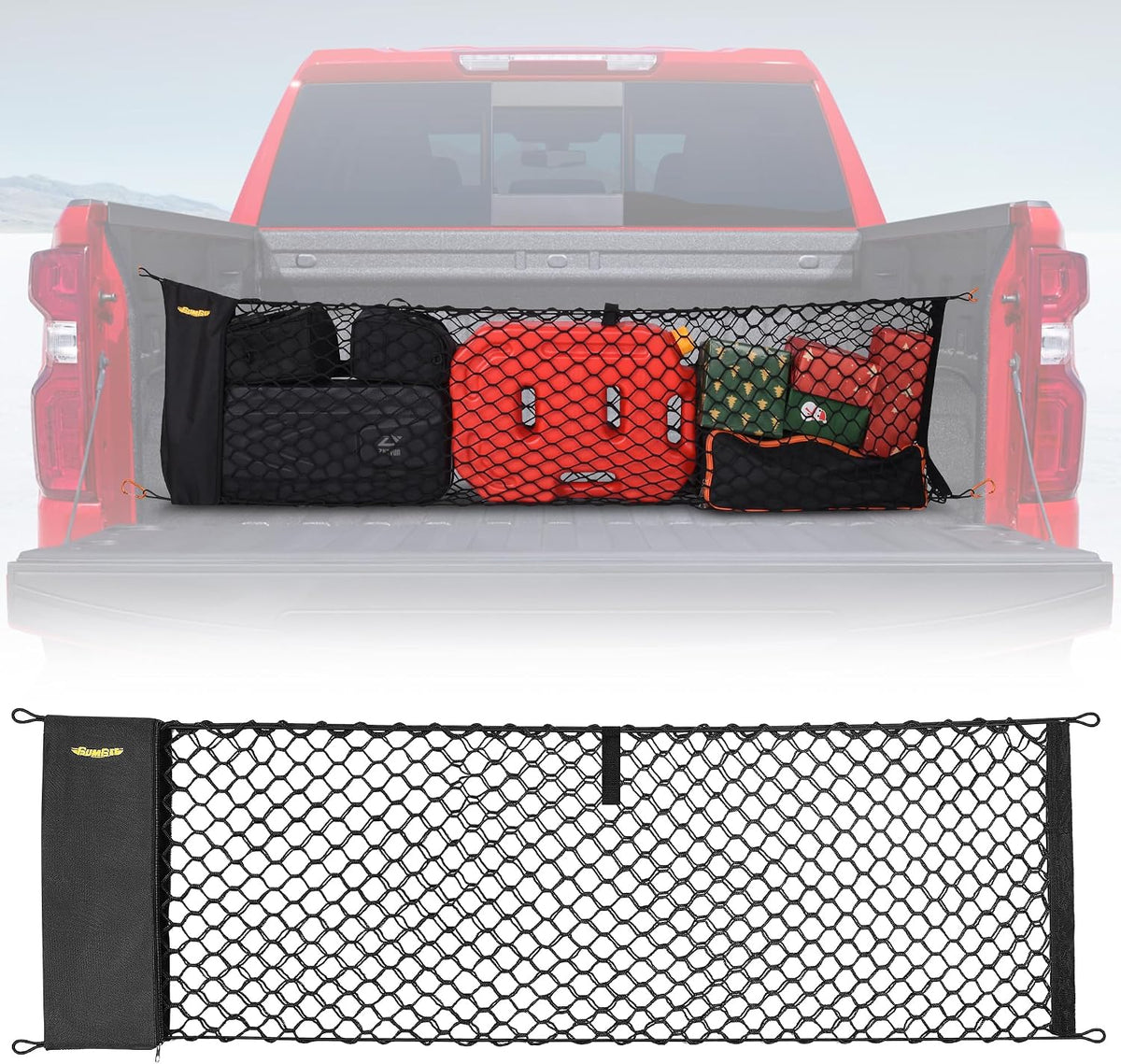BUMBEE Envelope Style Trunk Cargo Net Compatible with Chevy Silverado 2013-2024 Accessories, Heavy Duty Carabiners Highly Elastic Truck Bed Mesh Cargo Net(16.9" X 52.56" to 66.93")