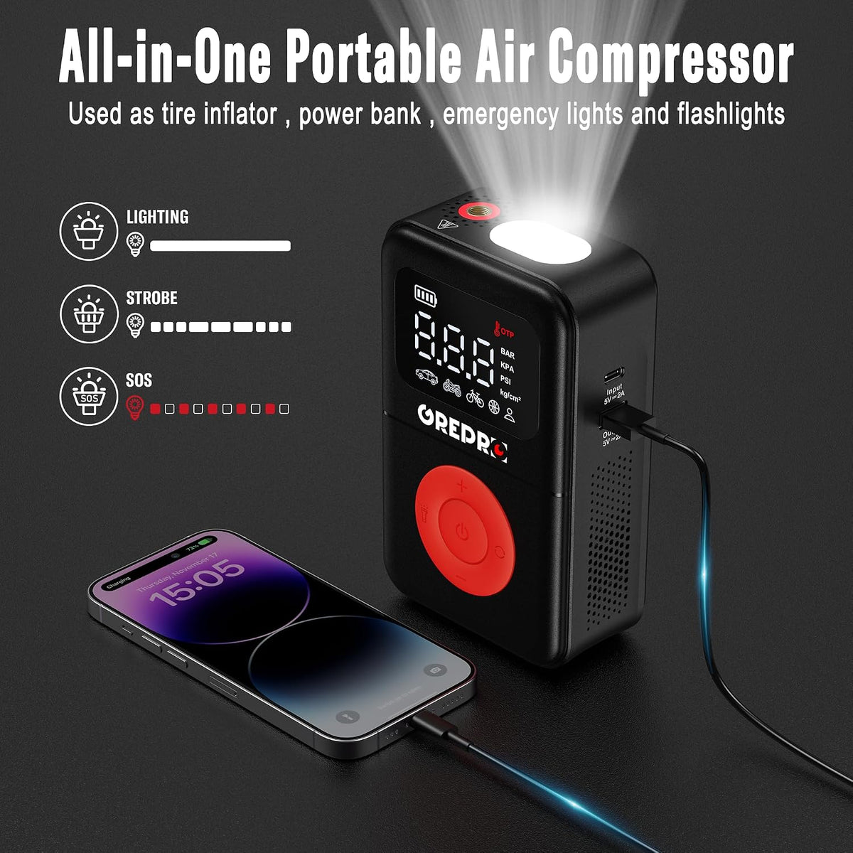 GREPRO Tire Inflator Portable Air Compressor, 160 PSI Portable Air Pump with Digital Pressure Gauge, LED Light, and Multiple Adapters for Car, Motorcycle, Bicycle, and Other Inflatables