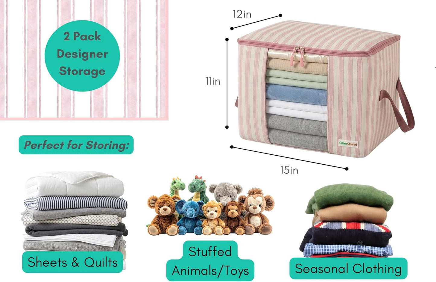 Chaos Cleared Kids Storage Bags – 100% Cotton Canvas Toy & Clothes Organizer with Cute Design – Storage Bin for Stuffed Animals, Baby Items & Clothes with Zipper & Handles (Pink Stripe Print)