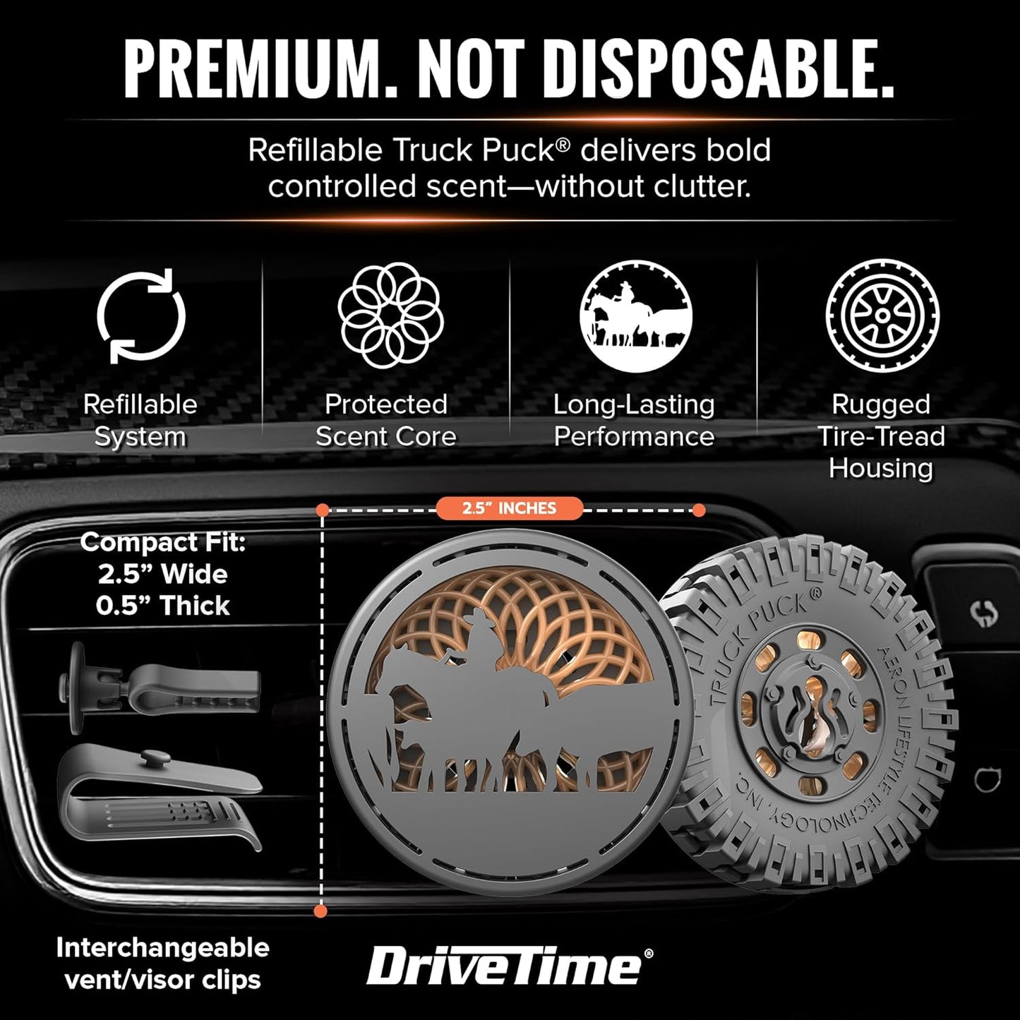 Drive Time Truck Puck Campfire Night Fragrancee Car Air Freshener – Long-Lasting Car Deodorizer, Refillable Vent & Visor Clip Auto Air Freshener for Car, Truck & SUV, Premium Fragrance, Pack of 3