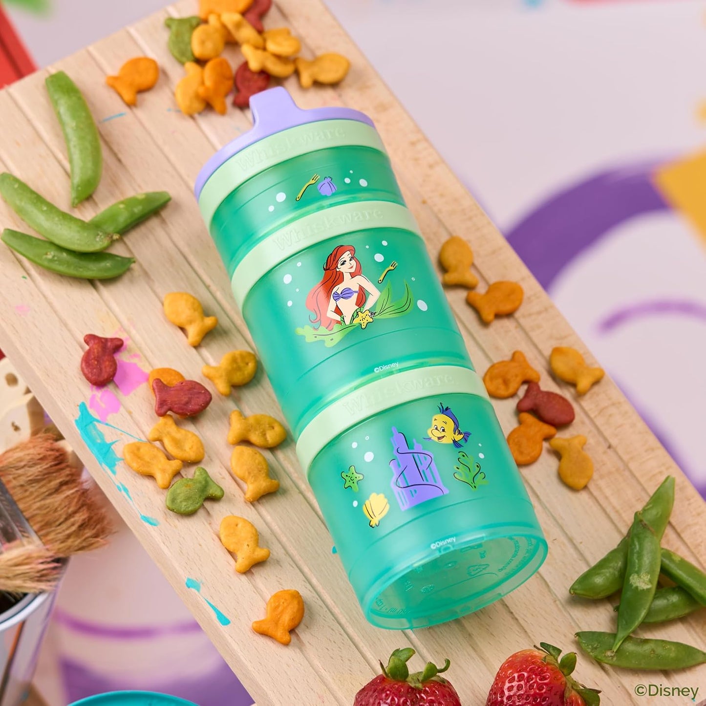 Whiskware Disney Princess Stackable Snack Containers for Kids, 3 Stackable Snack Cups for School and Travel, Ariel and Flounder