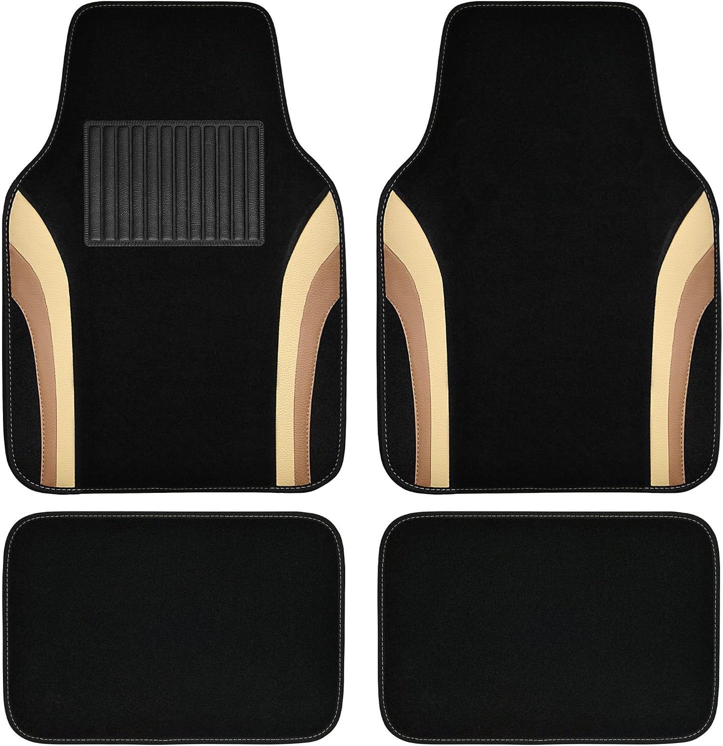 CAR PASS Beige Leather Car Floor Mats, Sporty Waterproof Car Carpet,Universal Automotive Floor Mats Fit for Sedans, Cars, Mid Trucks, Vans, SUV, Set of 4 (Black and Beige)