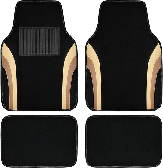 CAR PASS Beige Leather Car Floor Mats, Sporty Waterproof Car Carpet,Universal Automotive Floor Mats Fit for Sedans, Cars, Mid Trucks, Vans, SUV, Set of 4 (Black and Beige)