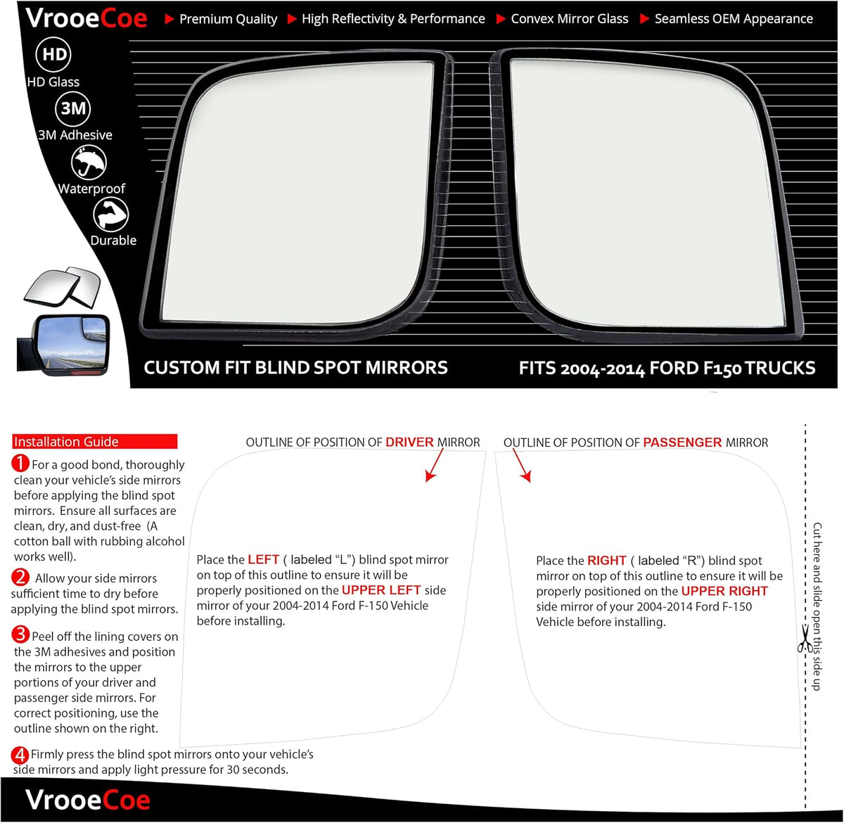 Convex Stick On Custom Fitted Blind Spot Mirrors Compatible With 2004-2014 Ford F150 F-150- Engineered to Provide A Wider View