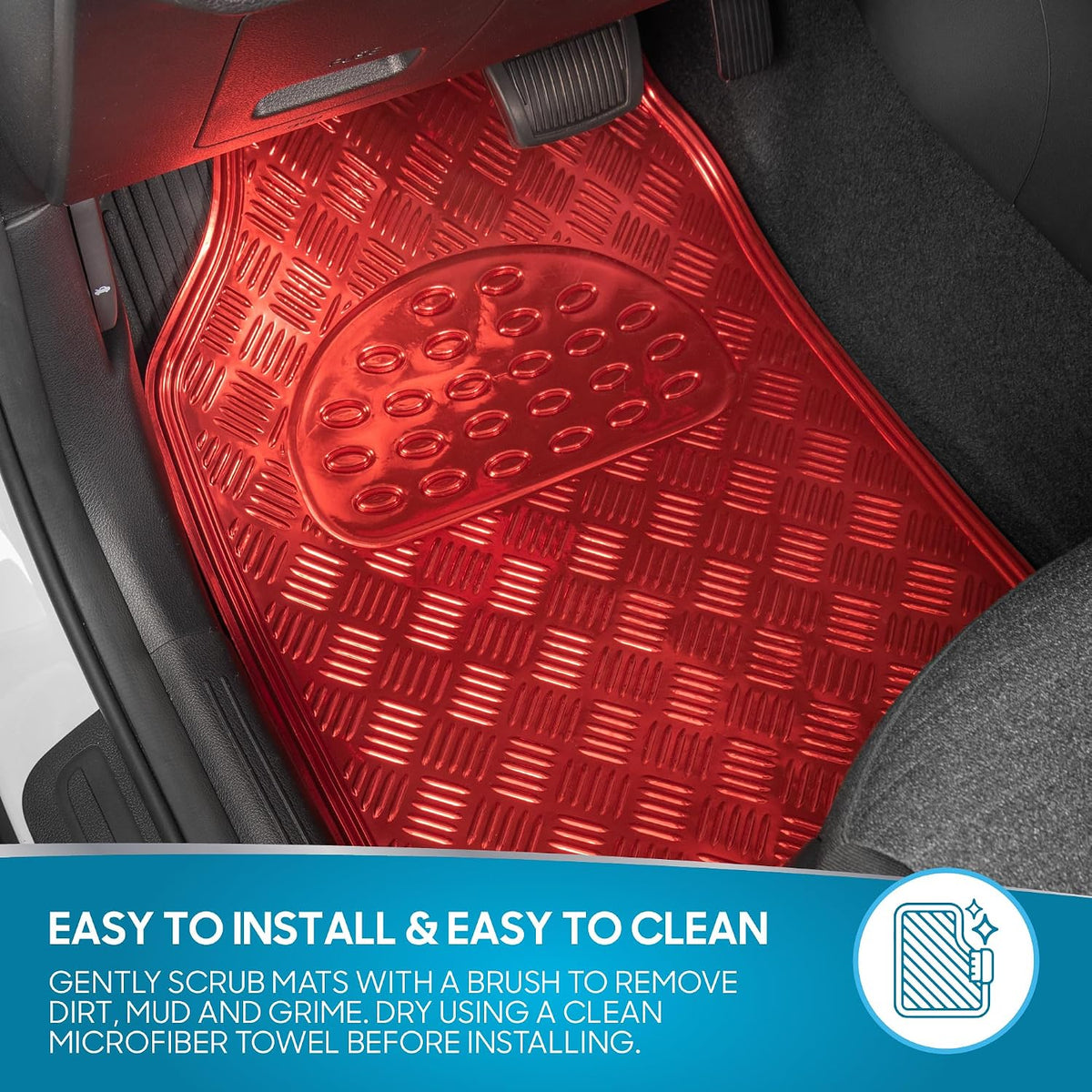 BDK Metallic Chrome Car Floor Mats All-Weather Universal Fit Automotive Floor Mats for Cars SUVs, Floor Mats for Trucks, Car Mats Full Set Front &amp; Rear, Non-Slip Backing - Red