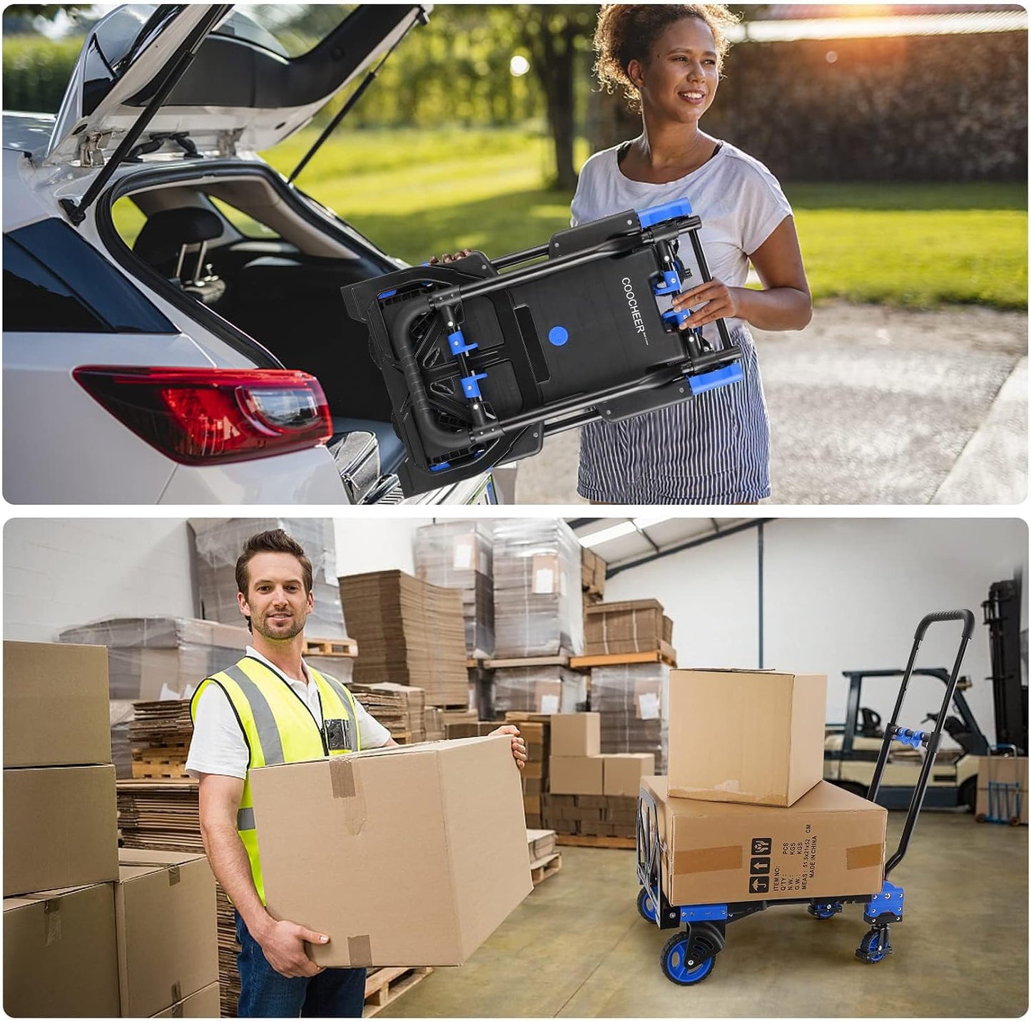 2-in-1 Folding Hand Truck Dolly with Basket, 330LB Load Carrying, Foldable Dolly with Retractable Handle and 4 Rubber Wheels, Portable Hand Cart for Moving/Travel/Office(Blue Upgrated)