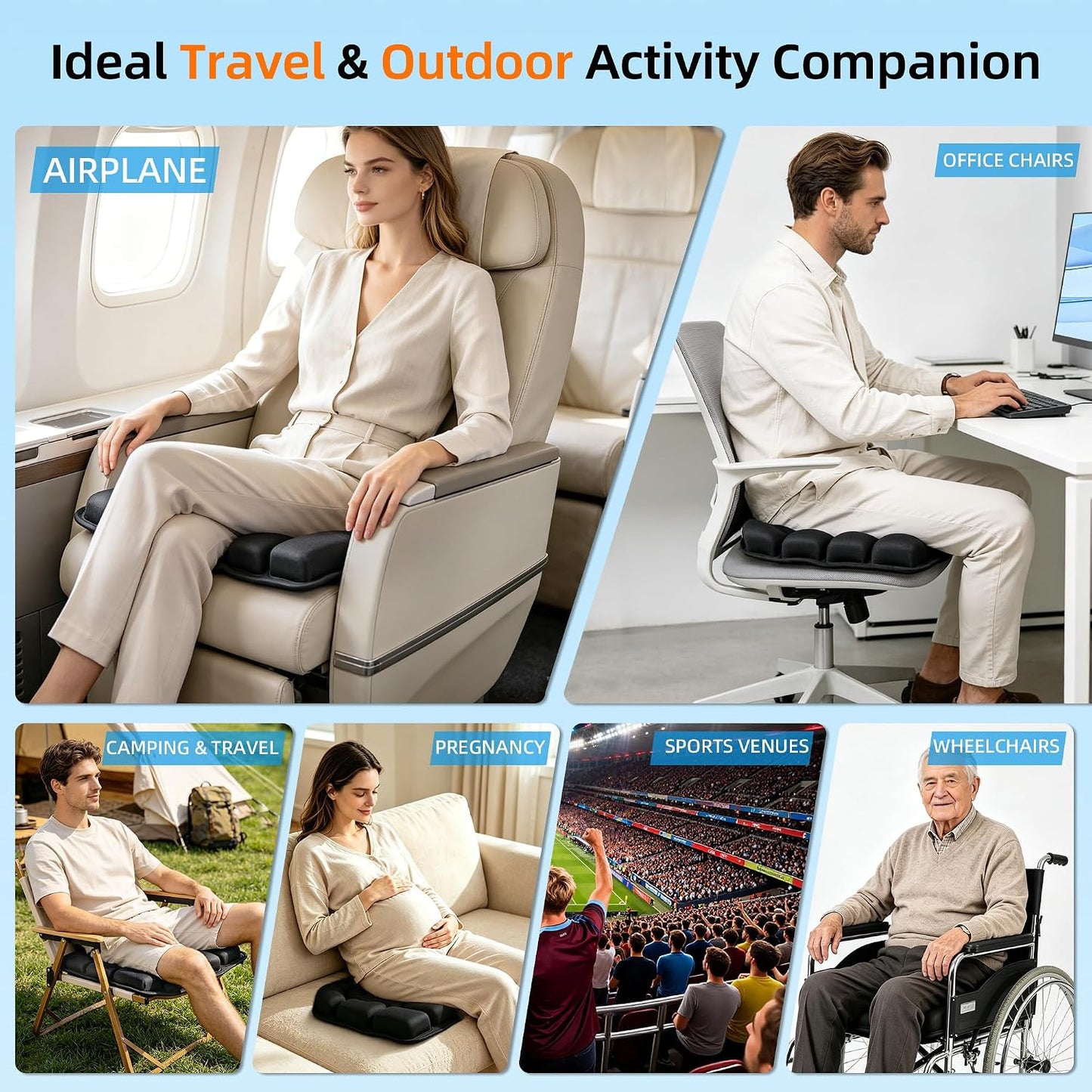 Sodurue Travel Cushion Airplane Seat,Airplane Seat Cushion for Long Flights,Press Type Air Inflatable Wheelchair Seat Cushion,49 Airbags,for Car,Office,Stadium,Ergonomic Comfort Support,Heavy Duty