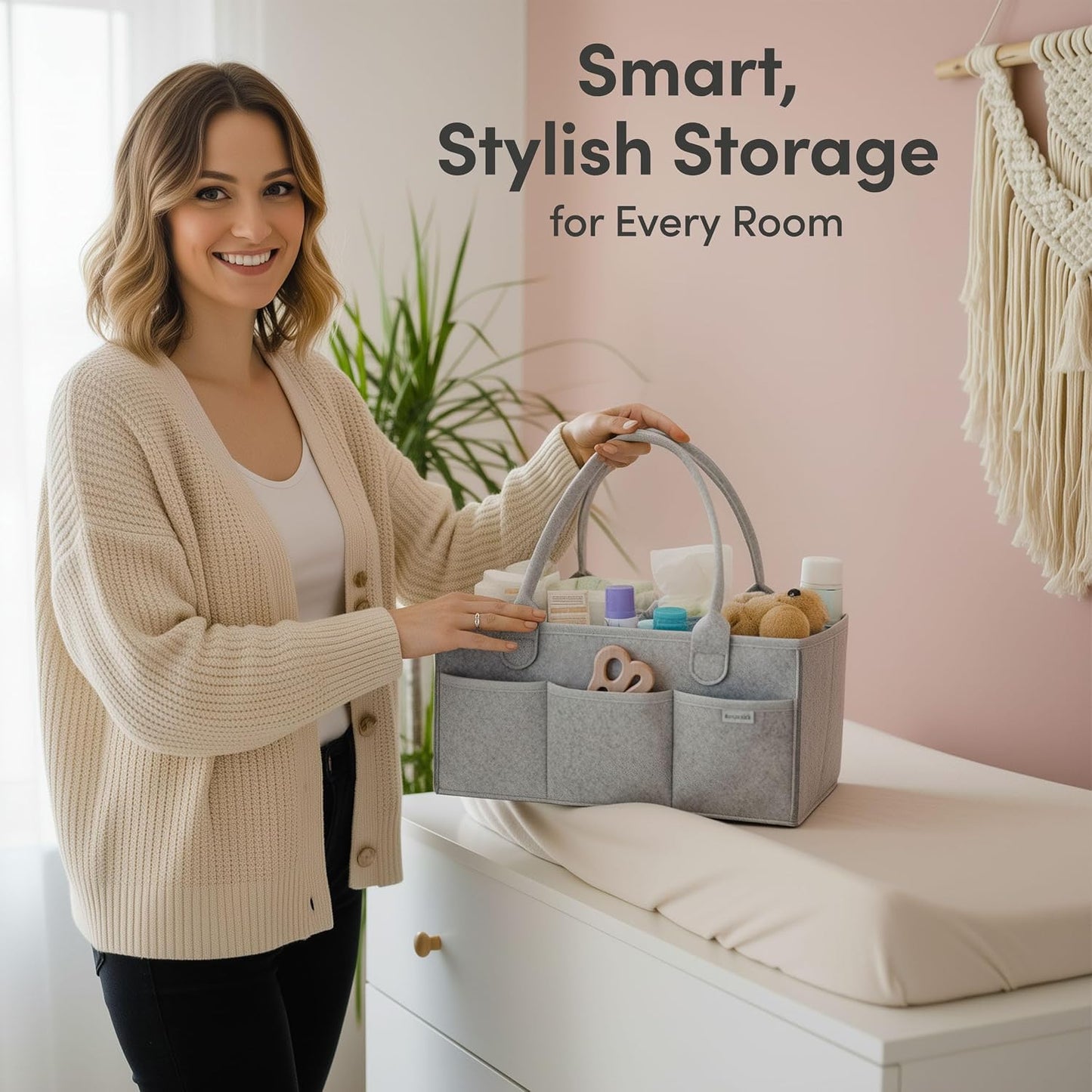 PUTSKA Baby Diaper Caddy Organizer - Nursery Storage Basket for Diaper Station, Baby Basket Shower Gift List and Registry Must-Have, Newborn Essentials, Nursery Decor for Boy or Girl - Grey, Large