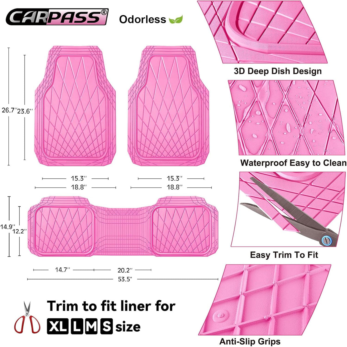 CAR PASS Heavy Duty Rubber Car Floor Mats, Deep Dish All Weather Car Mats Full Set, 3 Piece Waterproof Premium Anti-Slip Floor Mats Rugs Universal Trim to Fit for 95% Sedan SUV Van Truck, Pink