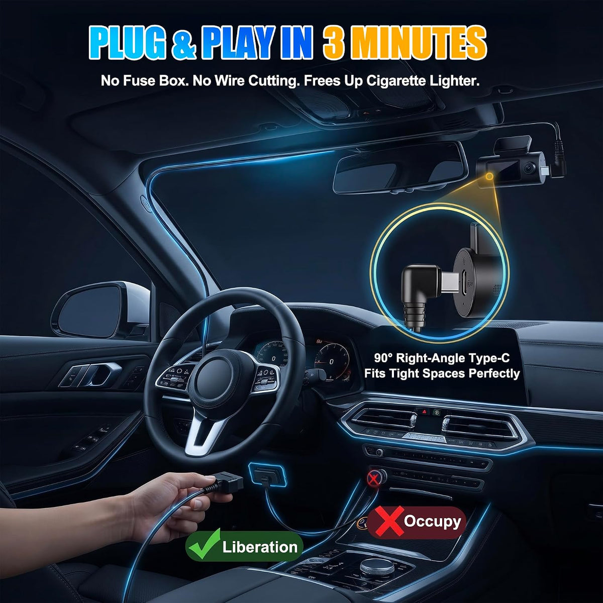 OBD Dash Cam Power Cable USB C,Parking Mode Kit with Low Voltage Protection