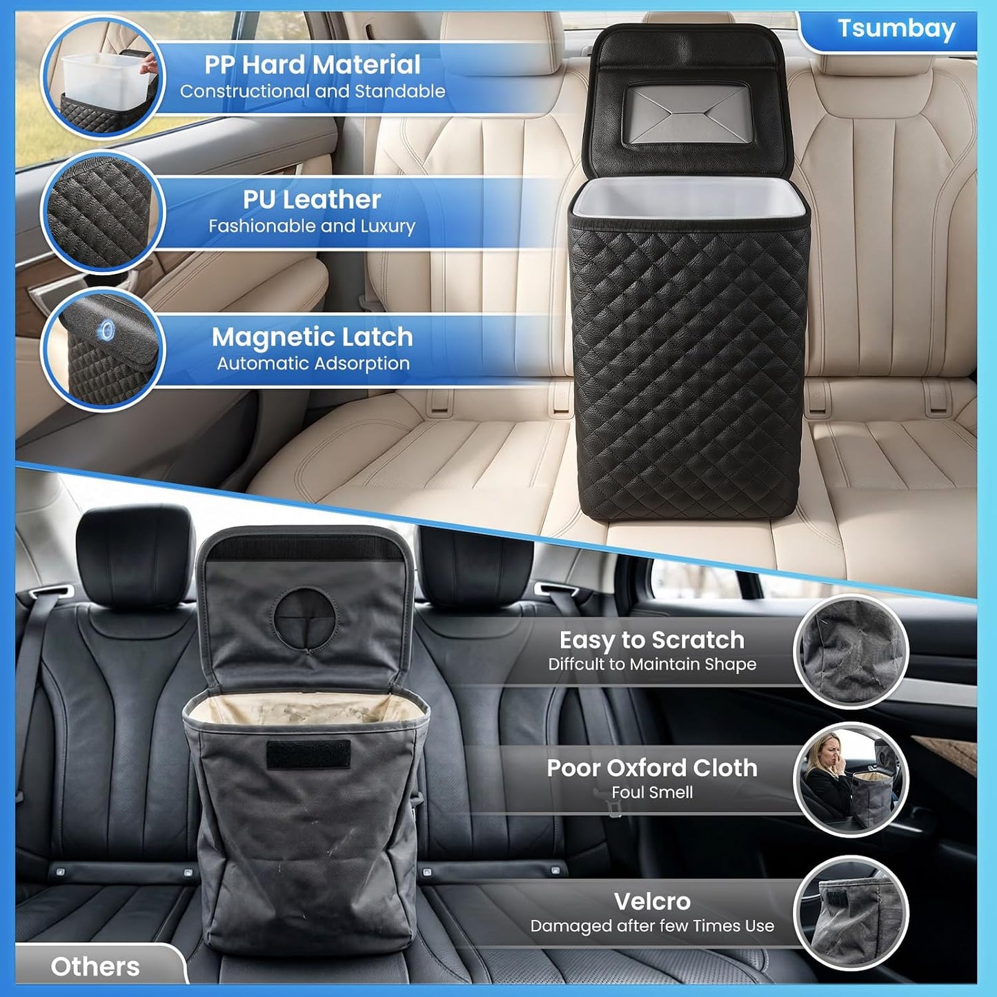Tsumbay Car Trash Can with Lid, Leather Garbage Can, Leakproof and Removable Interior Liner, Multipurpose Hanging Garbage Bin with Quick Access Magnetic Opening, Trash Bin for Car (2 Gallon/7.5L)