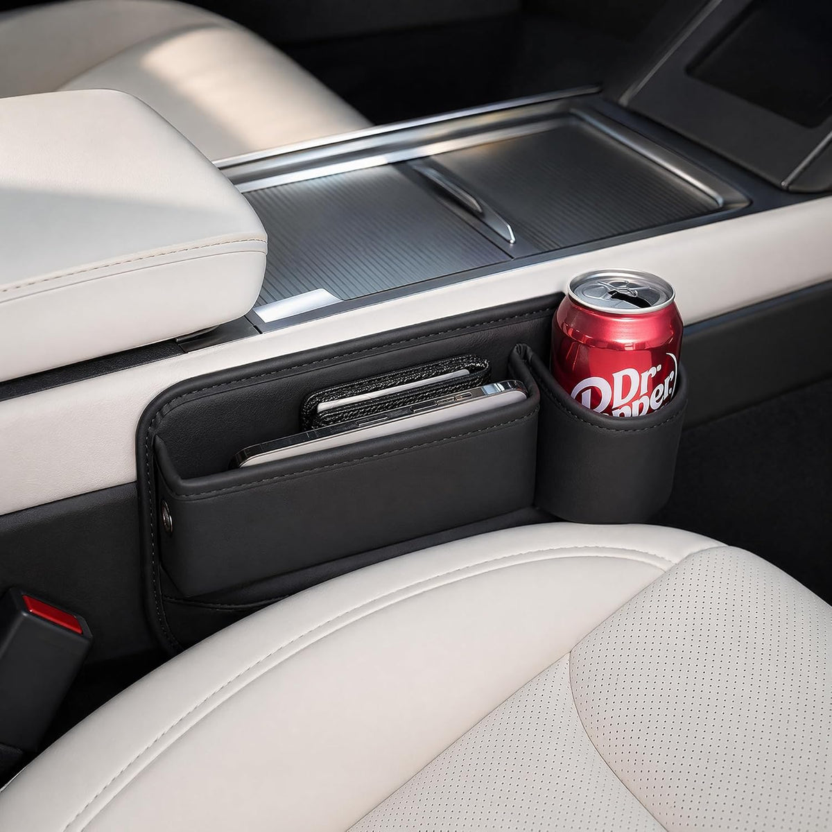 2 Pack Leather Car Seat Gap Organizer Filler with Cup Holder | PVC Leather Seat Gap Filler, Universal Front Seat Storage Box for Cell Phones, Wallets, Keys, Cards, Interior Accessories