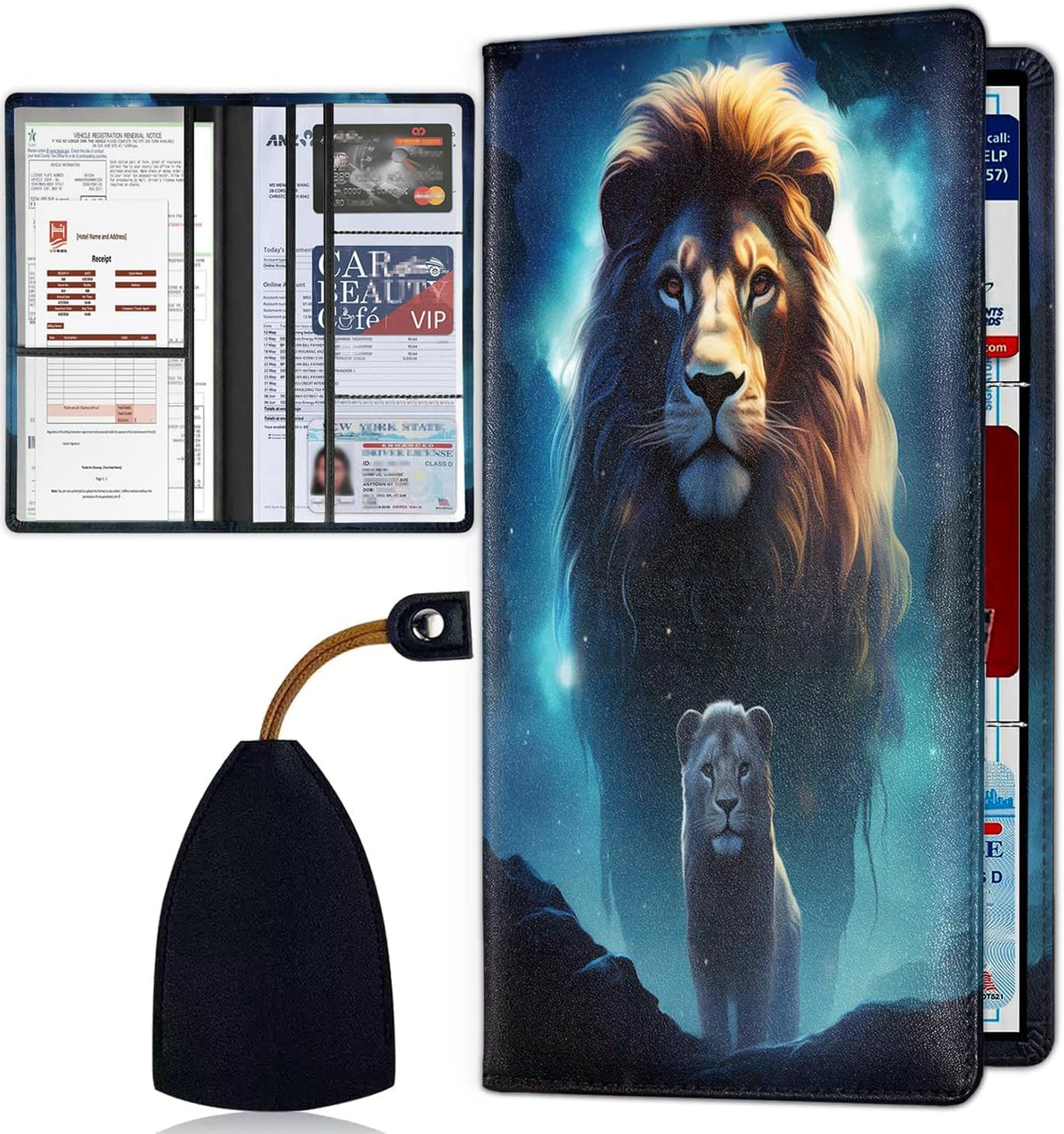 Car Document Holder with Magnetic Shut, Car Registration & Insurance Card Holder, Waterproof PU Leather Glove Box Organizer Vehicle Accessories Driver License for Women/Men, Lion art Pattern