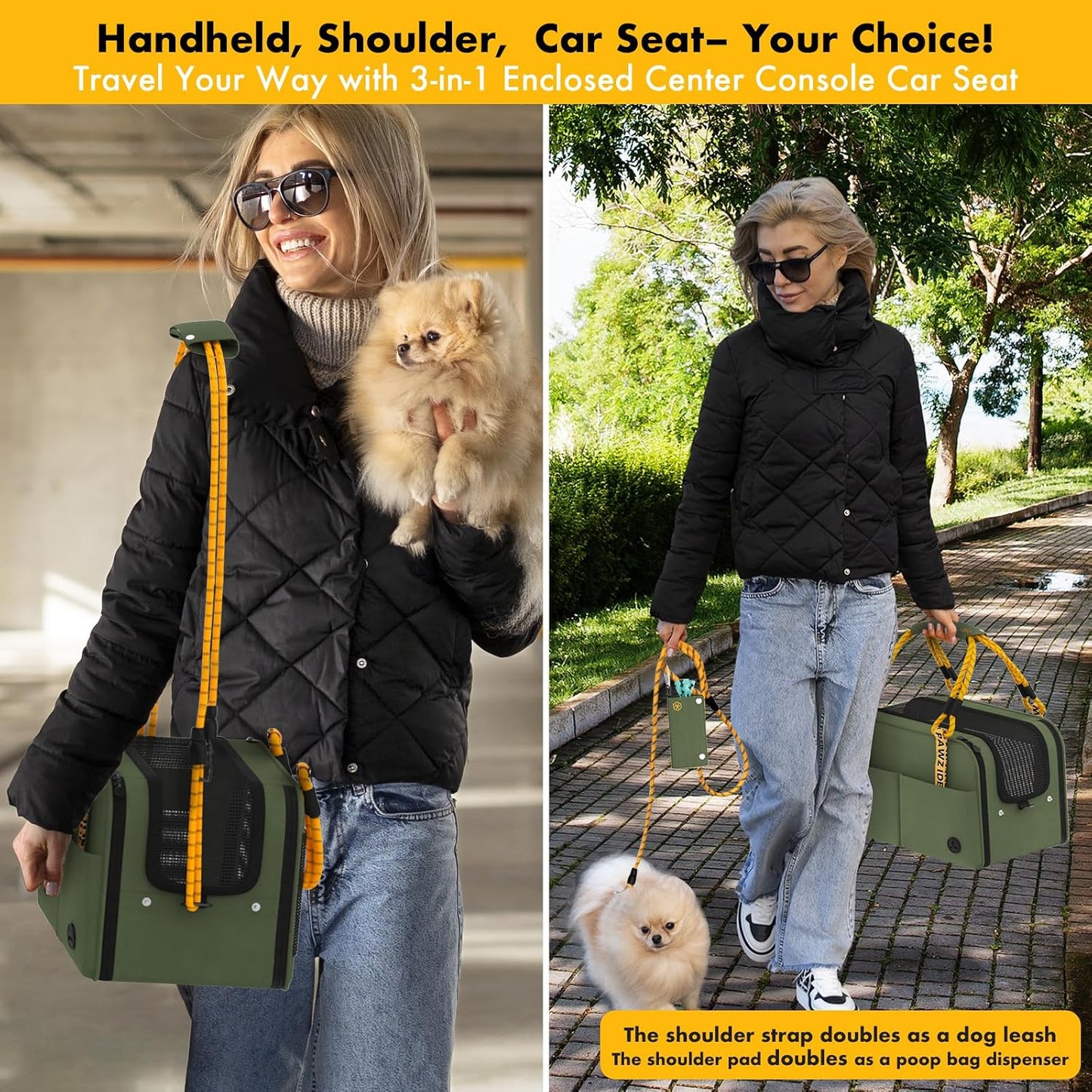 PAWZIDEA Center Console Dog Car Seat, Enclosed Small Dog Armrest Booster Carseat, Secure Straps &Anti Slip, Portable TSA Approved Puppy Pet Carrier Soft-Sided, Removable Pillow Storage Pocket, up 12lb