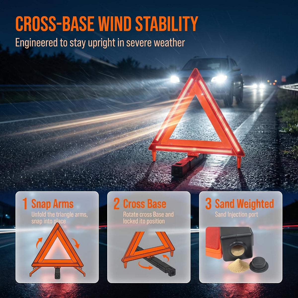 Emergency Reflective Warning Triangle 3-Pack with Case, 17 in