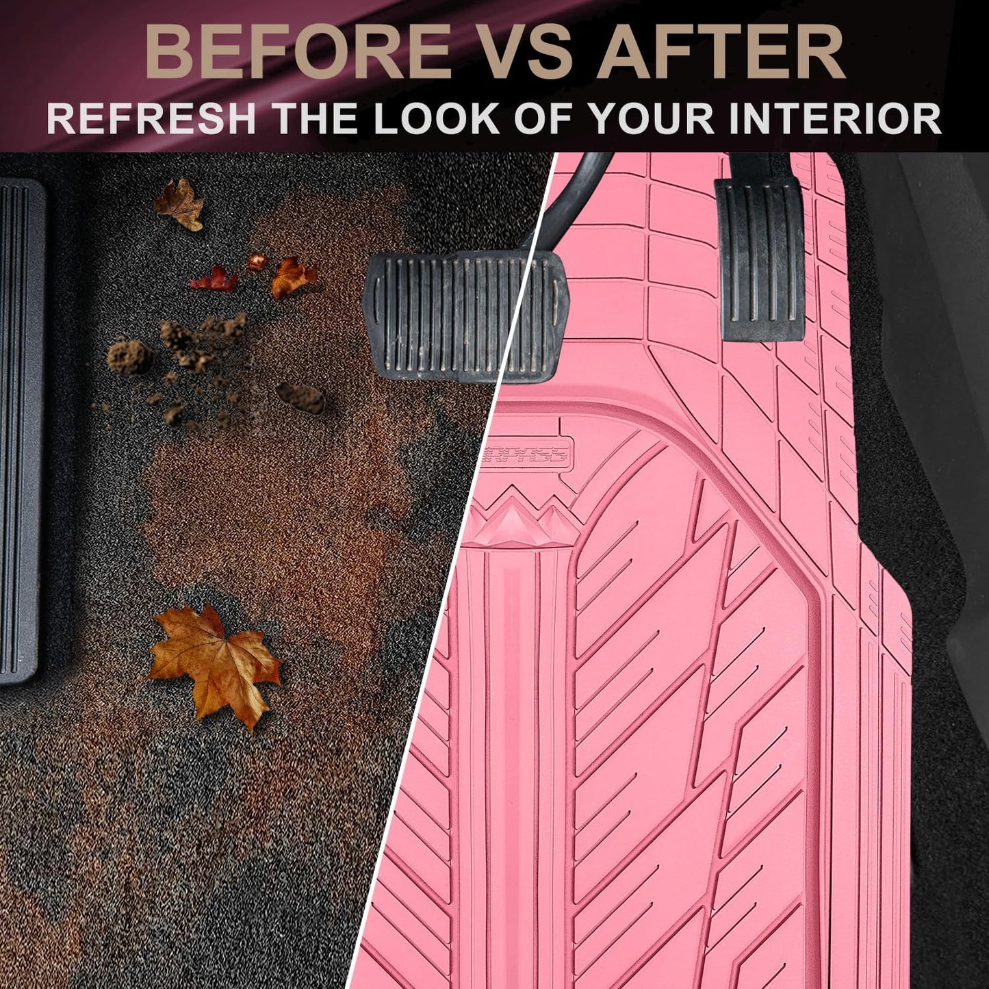 CAR PASS Heavy Rubber Car Floor Mats, Deep Waterproof Car Mats All Weather, Universal Trim-to Fit Automotive Floor Mats for Car SUV Truck Van, Durable Cute Floor Liners for Women Girly (All Pink)