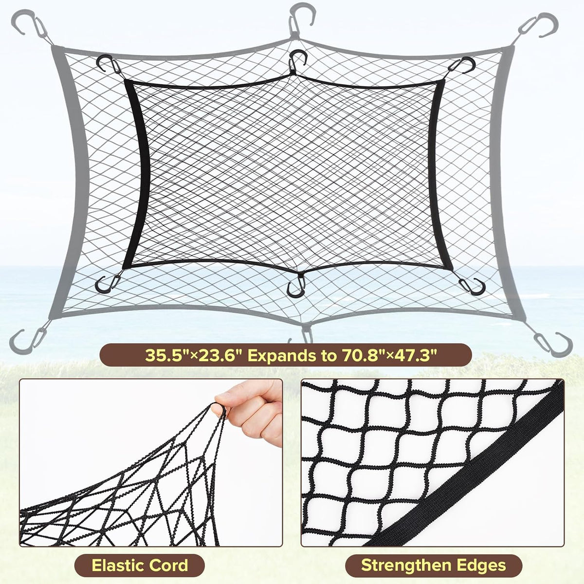 Elastic Mesh Cargo Net for Folding Wagon, Heavy Duty Stretch Storage Cover with 6 Hooks for Beach Cart, Garden Utility Trolley Accessories, 35.5 x 23.6 Inch Black
