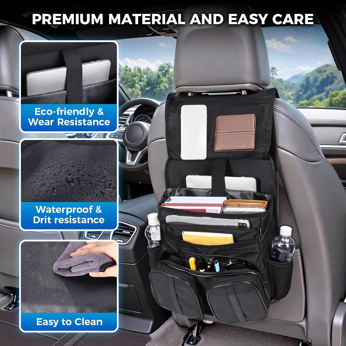 Tsumbay 2-in-1 Car Seat Organizer for Front Seat, Hanging Car Organizer with Laptop Compartment, Tablet Holder & Adjustable Shoulder Strap, Heavy-Duty Oxford Leather Office Organizer for SUV,Truck,Van