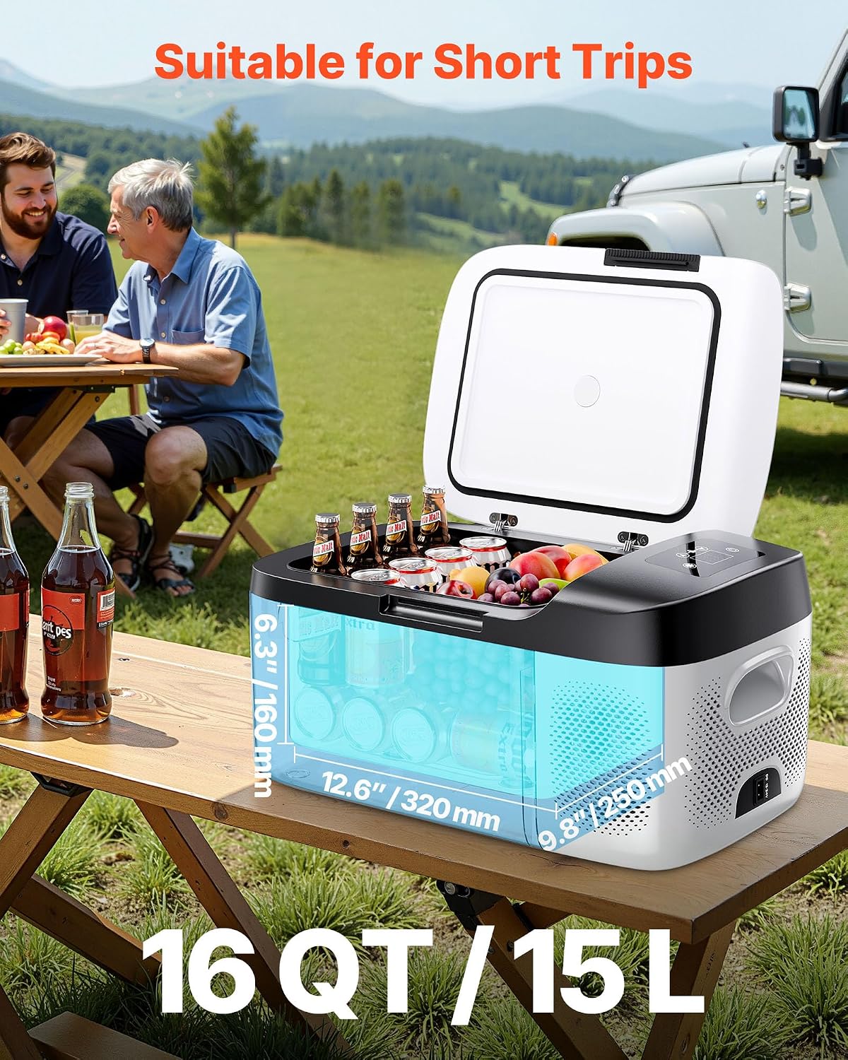 VEVOR Car Refrigerator, DC 12/24V AC100-240V Compressor Electric Cooler, -4°F to 68°F Car Fridge with APP Control, 16 QT Cars Freezer for RVs, Campsites, Boats, Camping, Fishing, 60W Portable Freezer