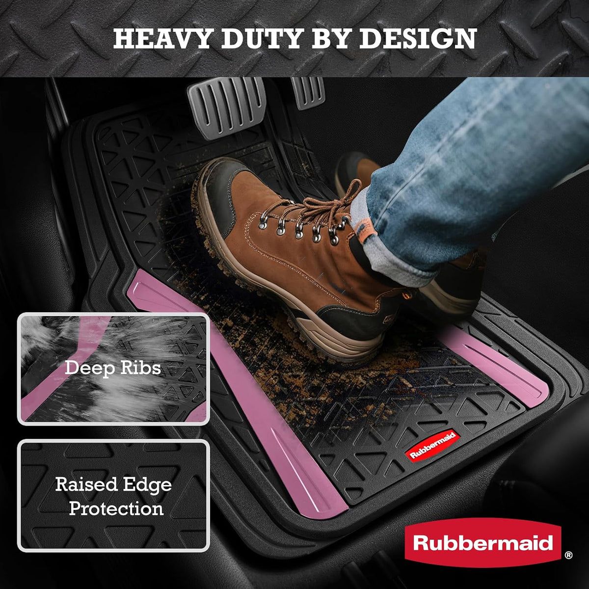 Rubbermaid Car Floor Mats Full Set, Premium Heavy Duty All-Weather Car Mats– Rugged Rubber with Brushed Aluminum Inserts, Universal Trim-to-Fit, Anti-Slip Backing for Cars, SUVs, Trucks & Vans - Pink