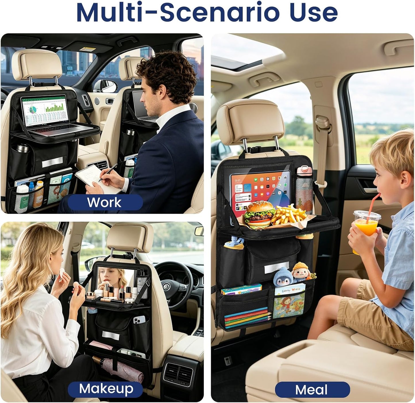 MoKo Car Organizer Back Seat, Backseat Car Organizer with Foldable Table Tray, 8 Pockets, Back Seat Organizer with Transparent Tablet Pocket for Road Trip, 600D Oxford Cloth, 2 Pack, Black