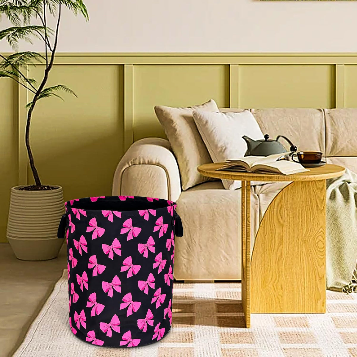 Pink Bow Laundry Basket Foldable Waterproof Bowknot Hamper 18.9 x 16.5 Inch