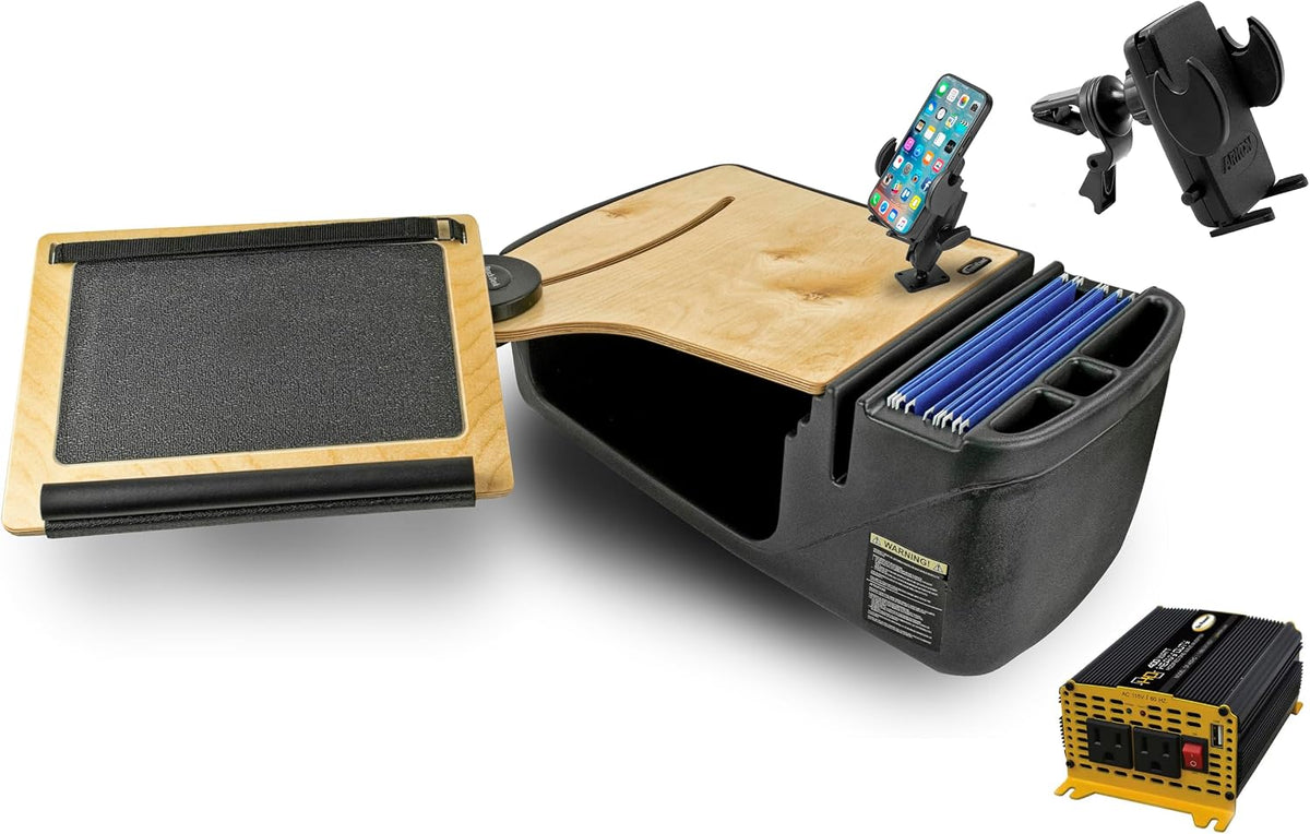 AutoExec Reach Desk Front Seat Car Desk and Portable Workstation with 400 watt Power Inverter, Phone Mount and Phone Vent Clip, Natural