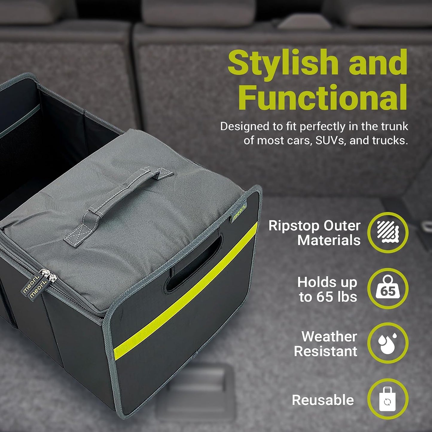 meori Collapsible Trunk Organizer for Car with Cooler for Groceries Road Trips 2 Compartments Heavy Duty Mesh Pocket Ripstop