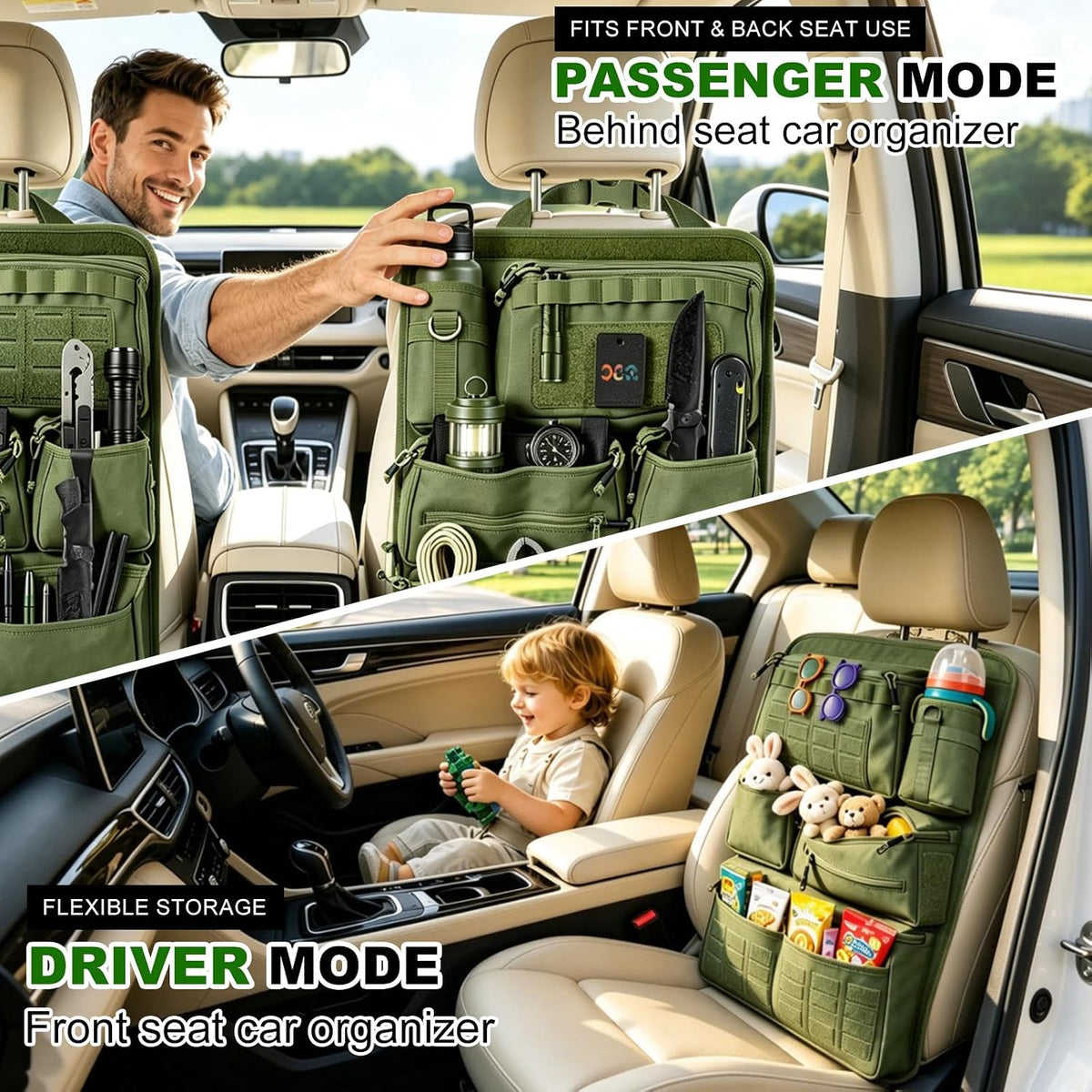 Car Seat Back Organizer with 7 Storage Pockets, Army green