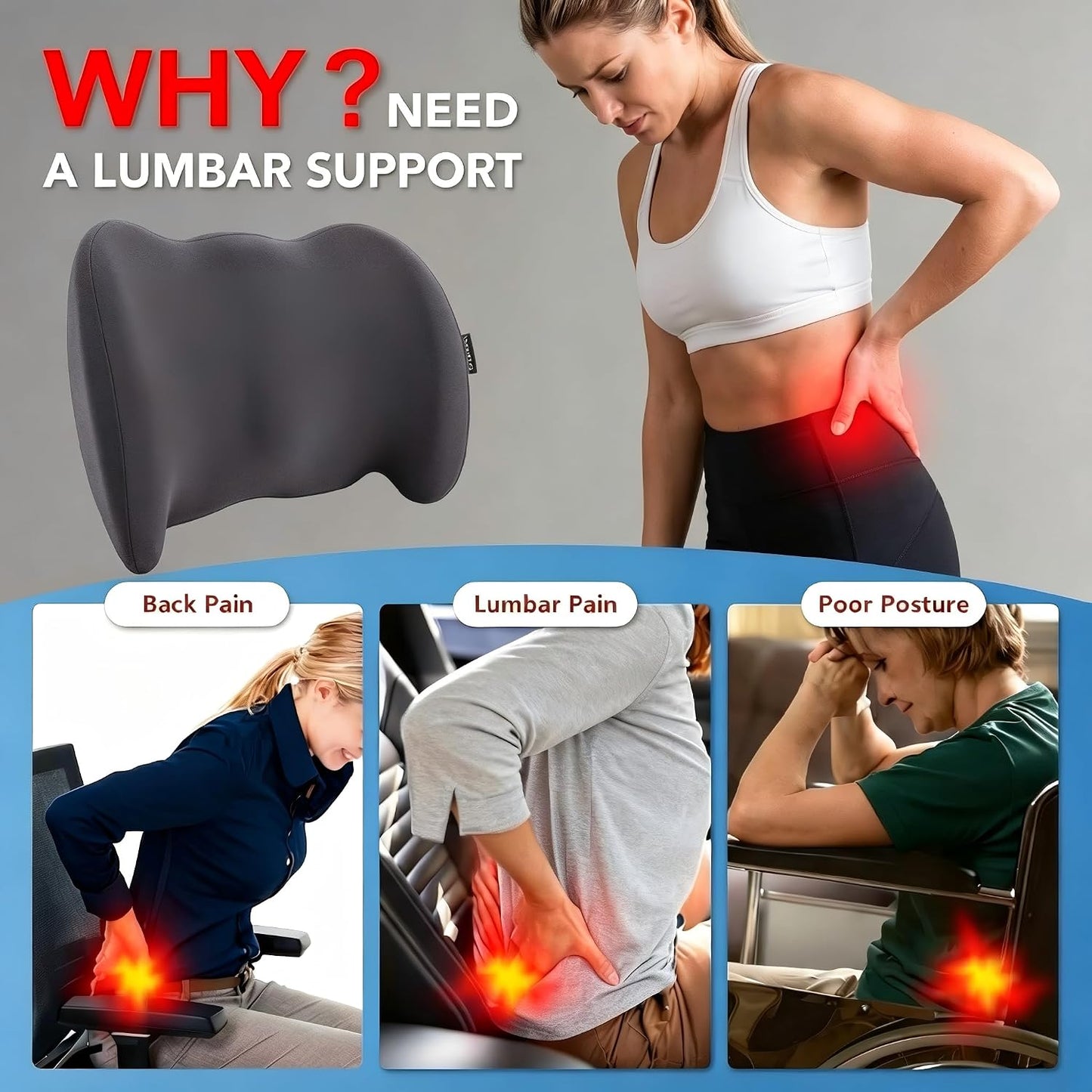 Lumbar Support Pillow Memory Foam Back Cushion for Sciatica & Lower Back Pain Relief Orthopedic Posture Corrector for Office Chair Gaming Chair Car Seat Breathable Washable Dark Gray