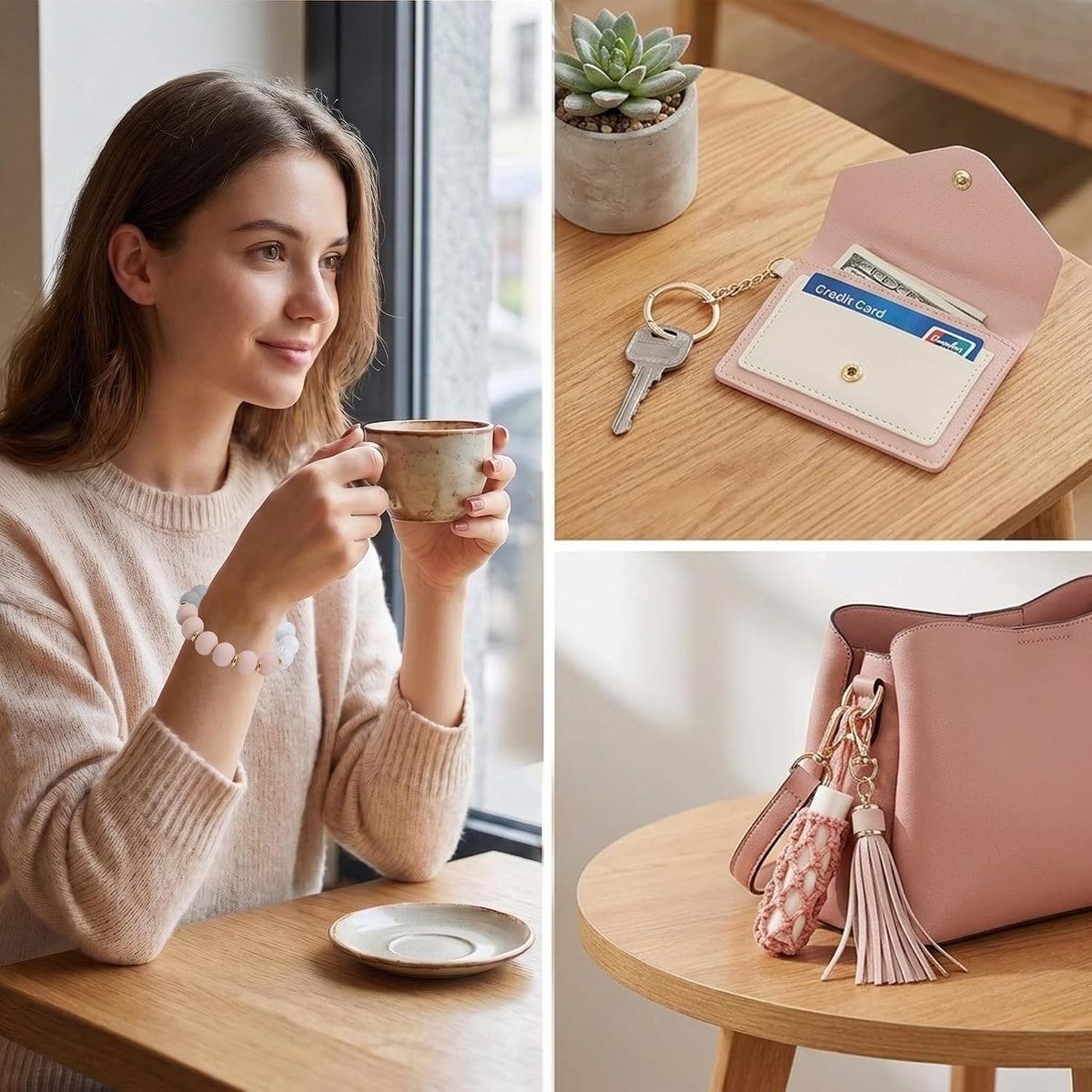 BIHRTC Silicone Key Ring Bracelets Wristlet Keychain Wallet with Net Chapstick Holder for Women