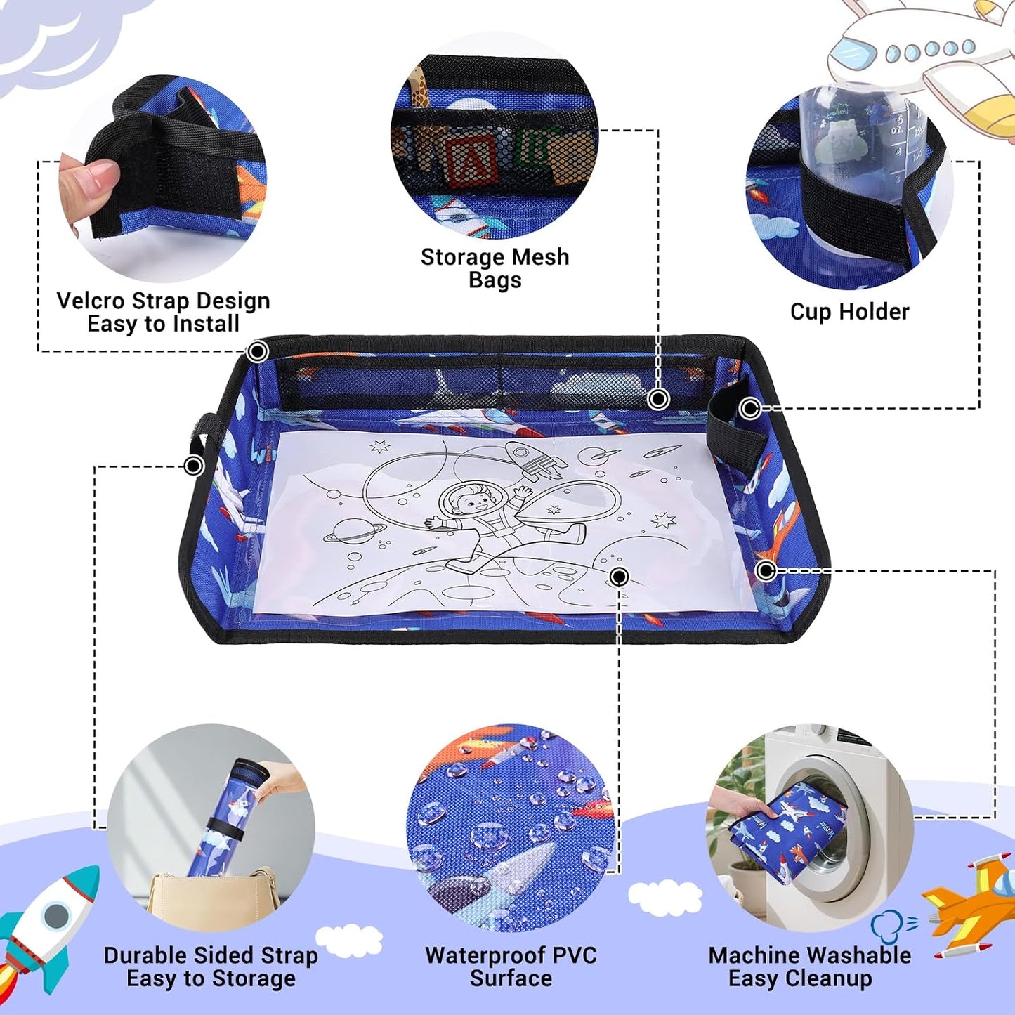 COOLBEBE Airplane Tray Table Cover, Foldable Travel Tray Cover for Toddlers 1-3, Universal Fit for Airplane, Car Seat, High Chair, Machine Washable, Portable, Blue Plane
