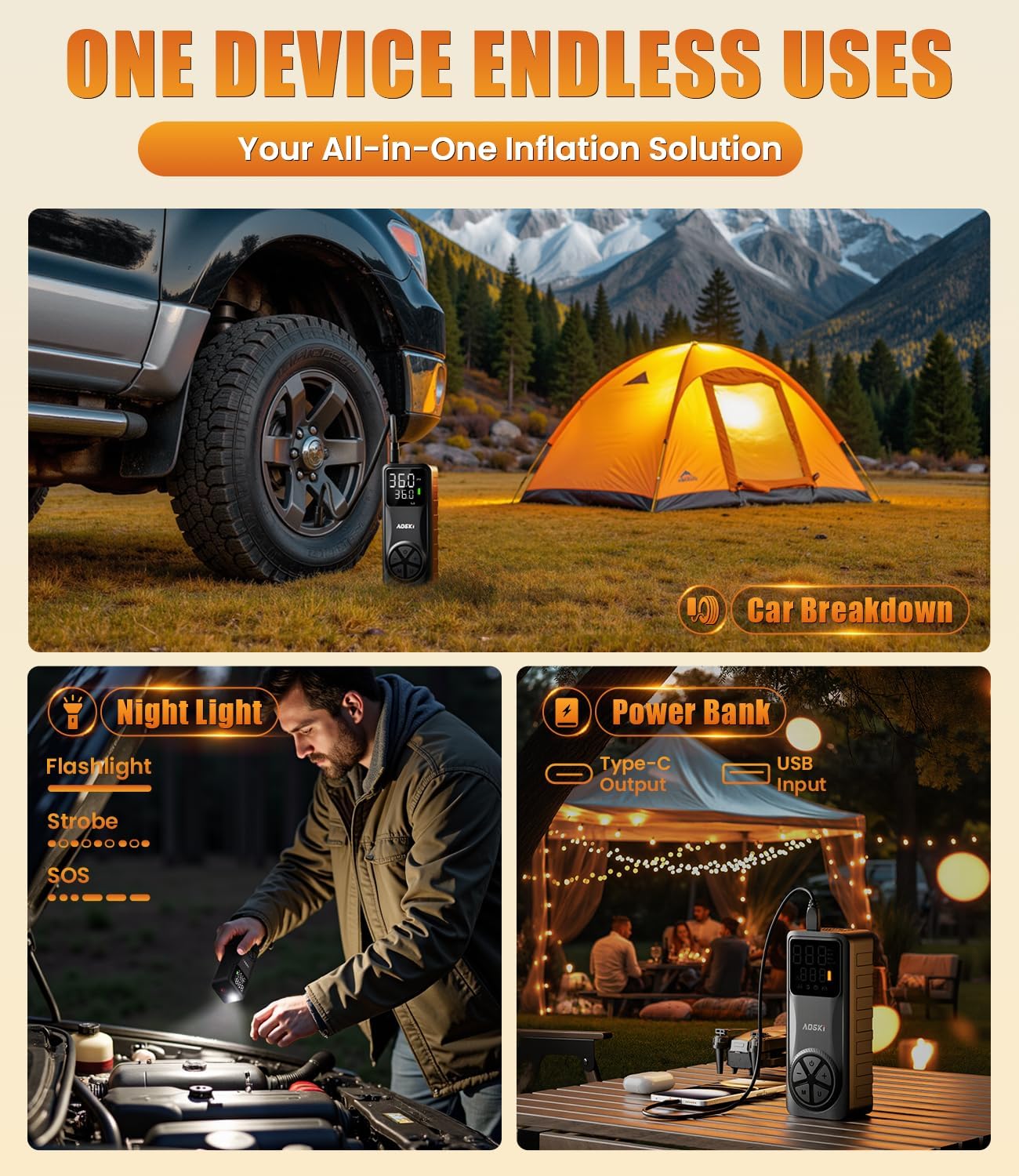 Tire Inflator Portable Air Compressor: Versatile Nozzles & 150PSI Fast Inflation Air Pump for Car Moto Bike Ball - One-Button Control - Senior-Friendly Solution for Elderly Drivers