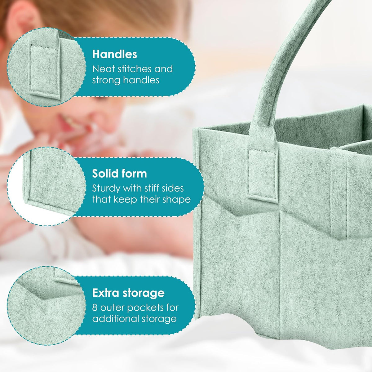 Cute Castle 2 Pack Diaper Caddy Organizer - Portable Baby Caddy Organizer with Handle, Nursery Storage Bin and Car Organizer for Girls, Boys - Baby Gift Basket - Green