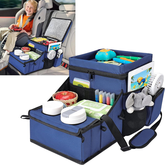 COOLBEBE Car Seat Organizer, Backseat Car Organizer with Cup Holders for Kids and Adults Travel, Cooler Compartment Passenger Seat Organizer Storage Box for Front or Middle Seat, Navy Blue