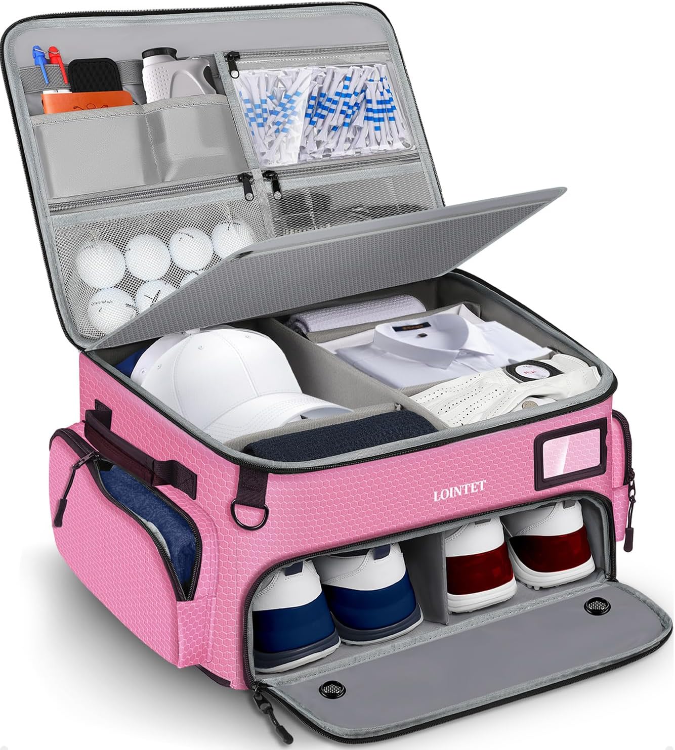 LOINTET Golf Trunk Organizer, Waterproof Car Golf Locker with Separate Ventilated Compartment for 2 Pair Shoes, Golf Storage for Balls, Tees, Cap, Clothes, Gloves, Accessories, Gifts for Men, Women
