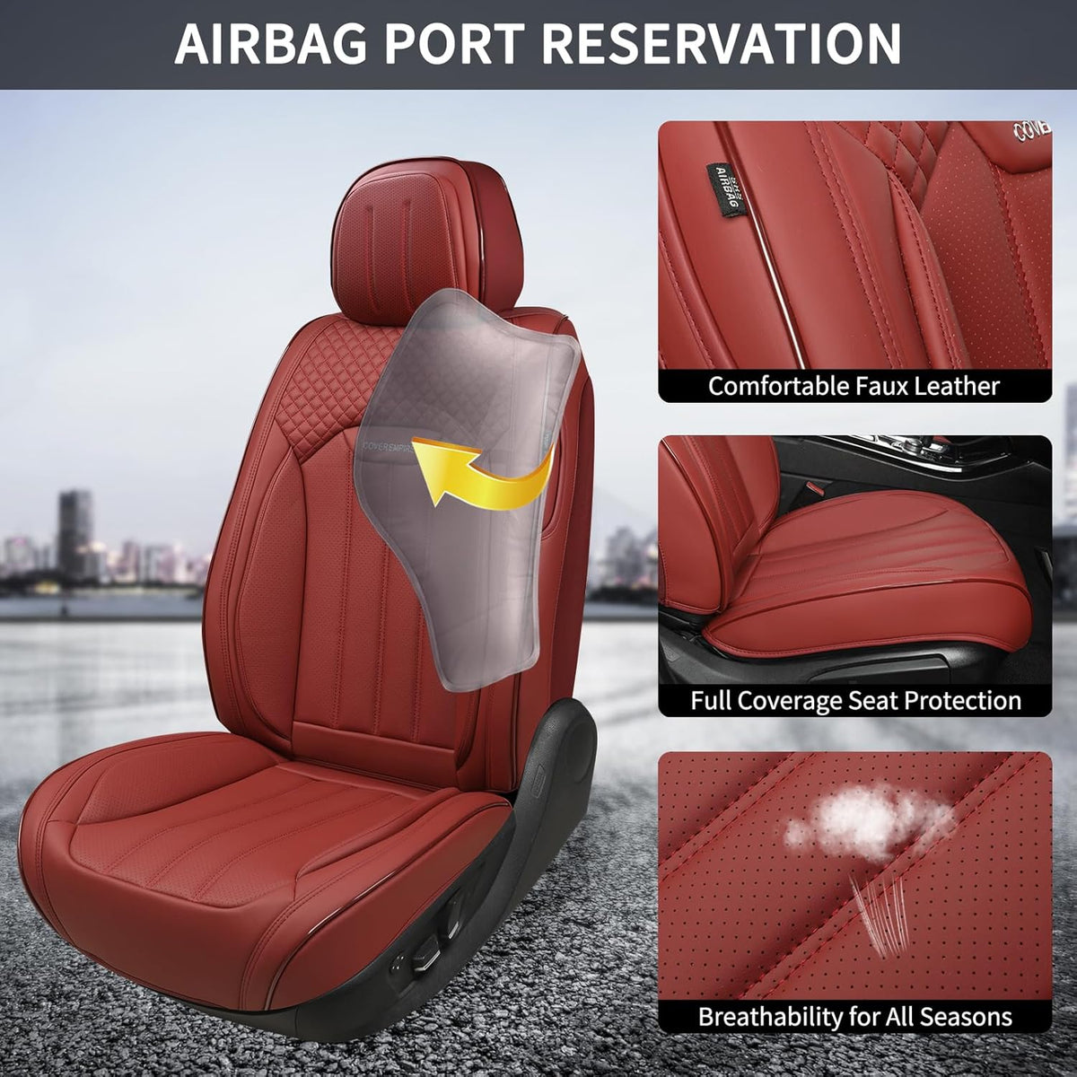 Red Car Seat Covers Full Set, Universal Leather Seat Cover for Cars 5 Seats, Waterproof and Breathable Automotive Seat Cover Front and Rear Seat Covers for Most Trucks, Sedans, SUVs