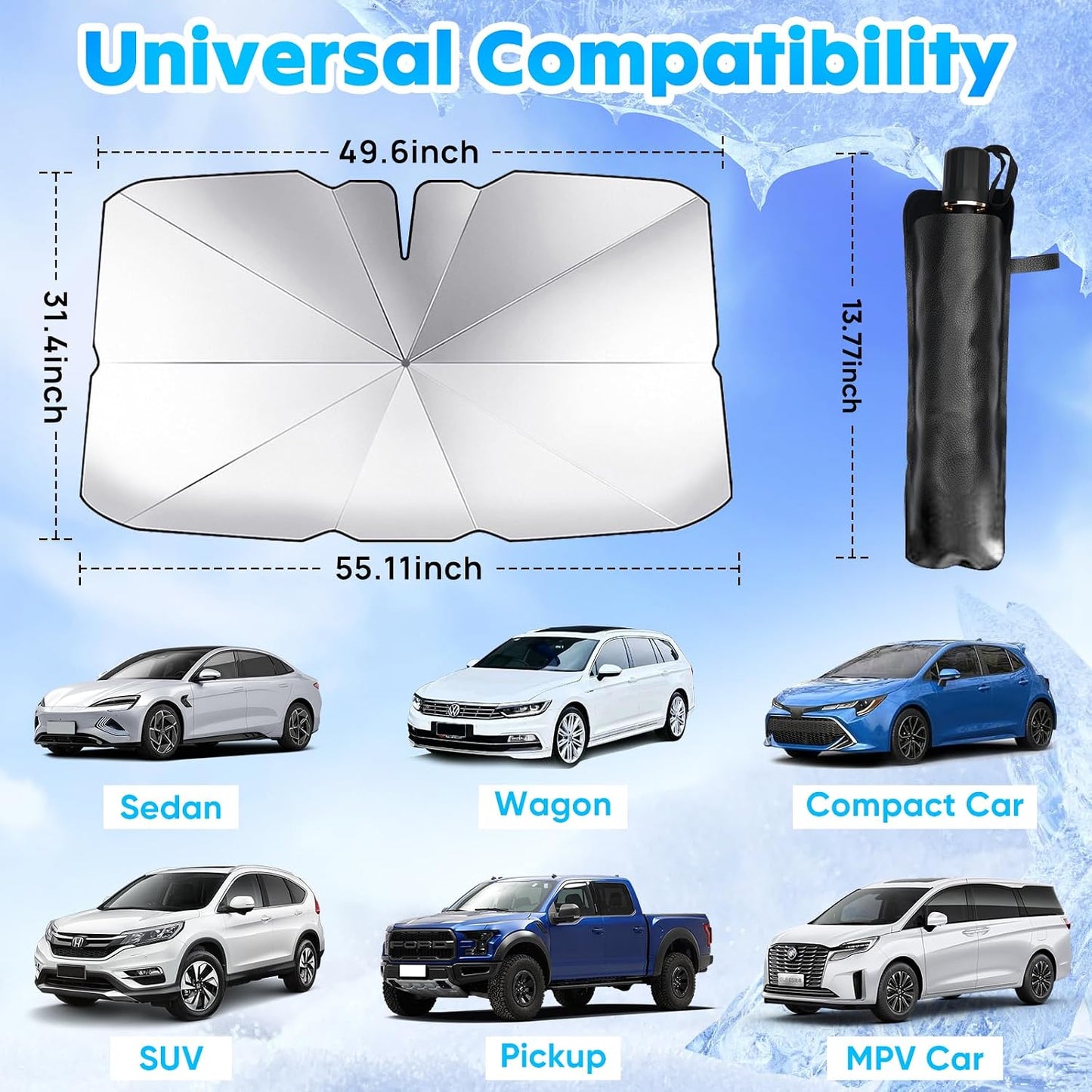 Multper Car Windshield Sun Shade - Reflective Foldable Sunshade Umbrella for UV Rays & Heat Protection, 360° Rotation Bendable Front Window Shield Easy Storage & Keeps Interior Cooler - 55"*31.5"