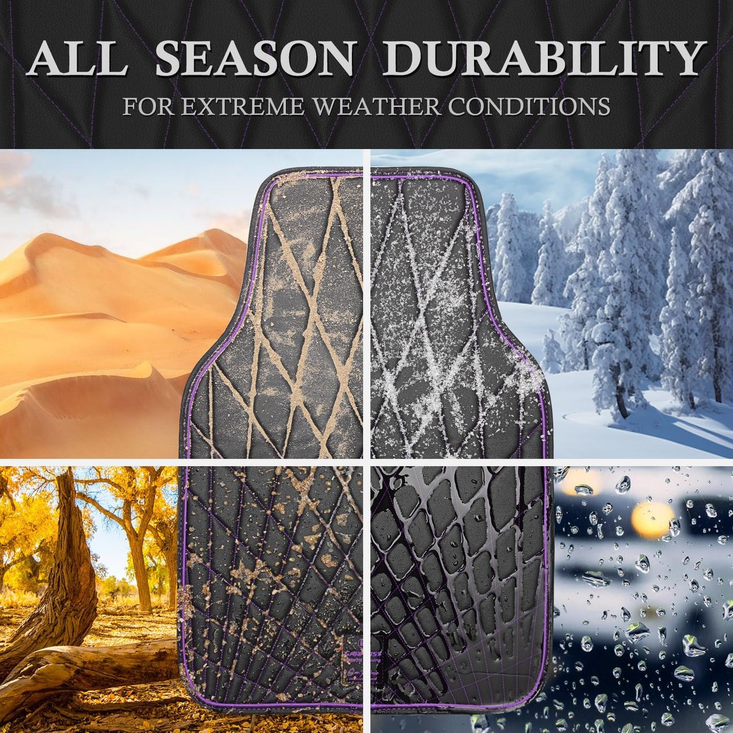 CAR PASS Faux Leather Floor Mats for Cars, Luxury Waterproof All Weather Car Mats Full Set, Anti-Slip Deluxe Automotive Mats Universal Fit for Most SUV Vans Sedans Trucks, 4 Piece Black and Purple