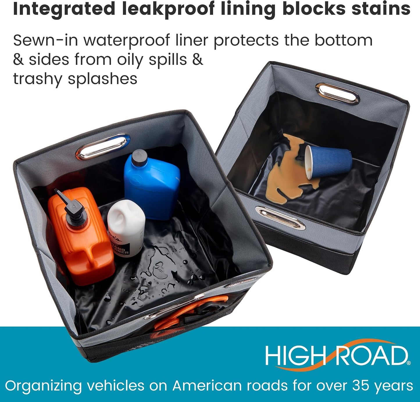 High Road CargoCube Car Storage Bin - Leakproof Car Trunk Storage Organizer with Metal Handles and Front Mesh Pocket (Square)