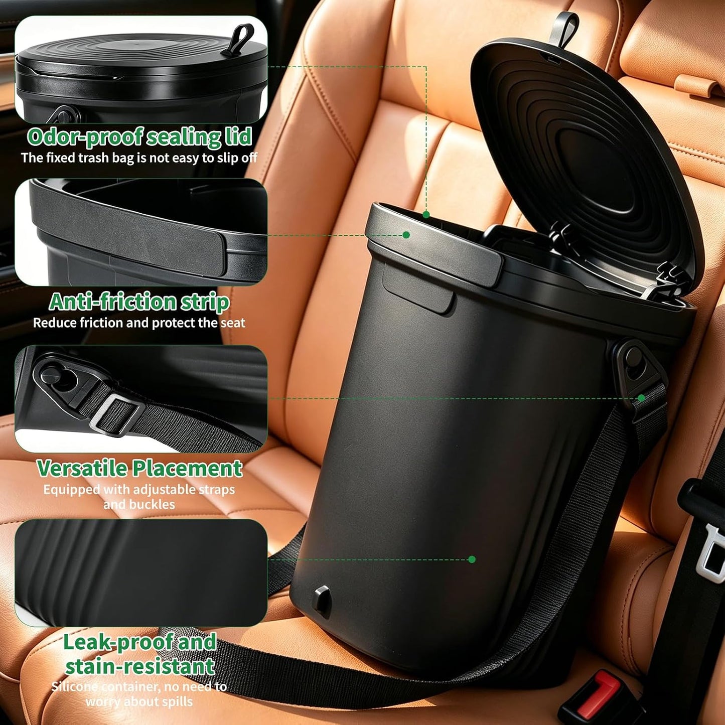 Trash Can for Car Garbage with Lid, Leakproof 100% Silicone Car for Vehicle, Sedan, SUV, Van, MPV &amp; Truck, 2 Gallon Waterproof Auto Waste Bin for Back Seat, Odor-Sealing Vehicle Organizer, Black