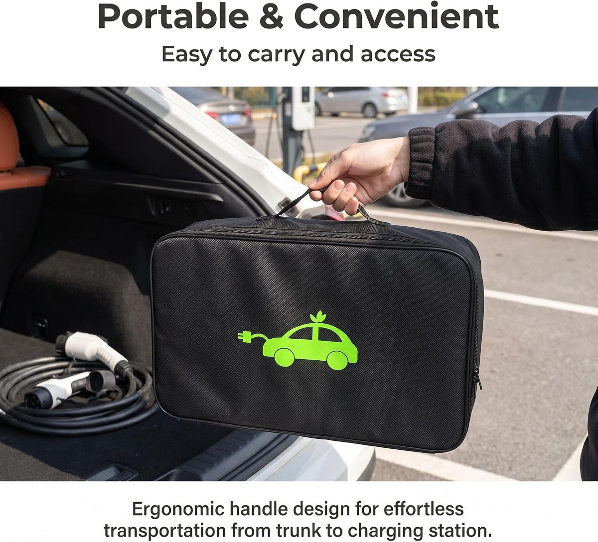 1 Pack EV Charging Cable Storage Bag, Oxford Cloth Charging Cable Bag with Dual Metal Zipper, Portable Jumper Carry Case for Electric Car RV Camper Trailer Accessories (Black)