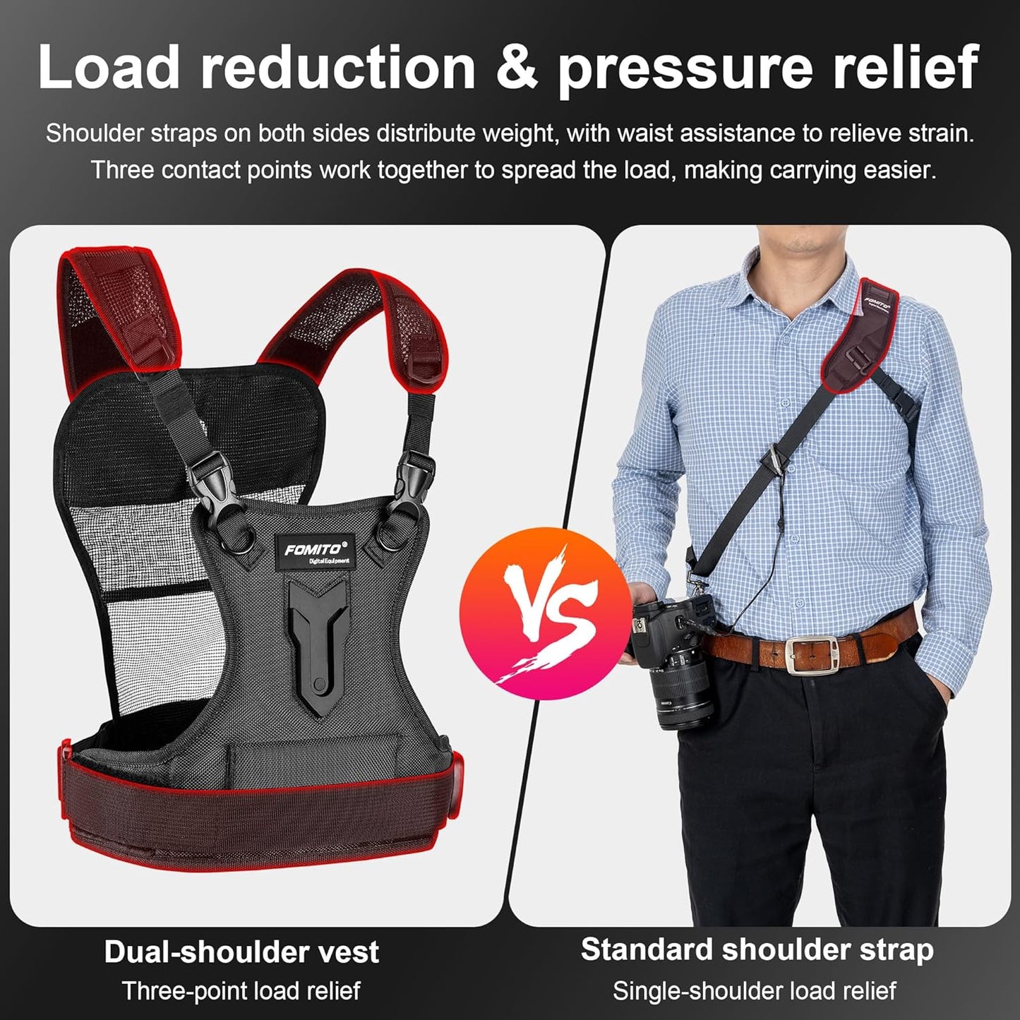 FOMITO Multi Camera Carrying Chest Harness System Vest with Side Holster for Canon 6D 600D 5D2 5D3 Nikon D800 D600 D300 D7000 D90 Sony A7S A7R A7S2 Panasonic Olympus DSLR